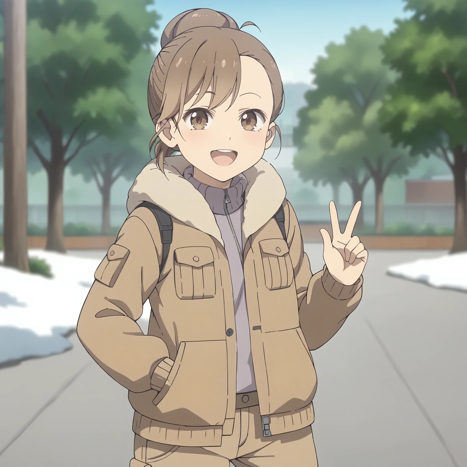 <lora:PH_MoeXLpony001>,
looking at viewer,smile,open mouth,
solo,
Moe,1girl,brown hair,hair bun,brown eyes,
winter jacket,cargo_pants,