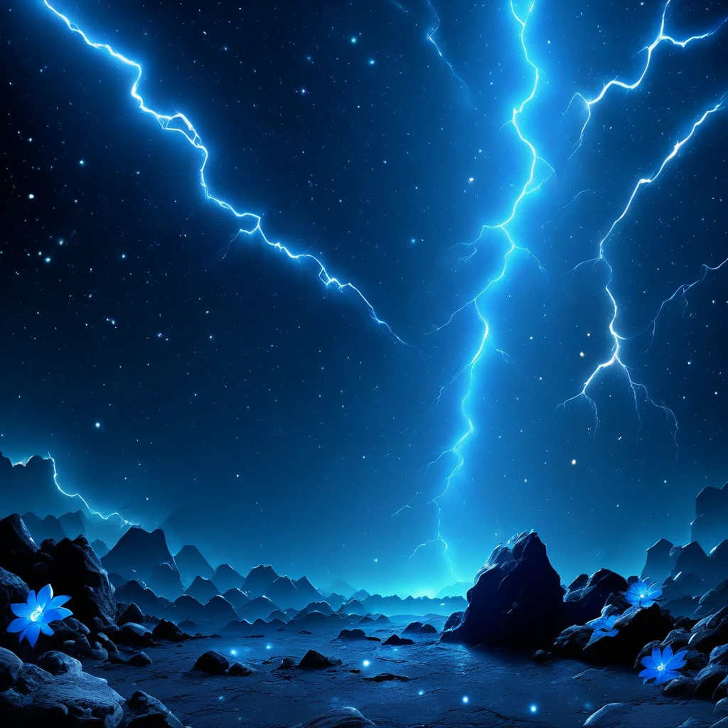 lightning, rock, glowing, star (sky), starry sky, blue flower, light particles, night sky, outdoors, lightnings, sky, night, scenery