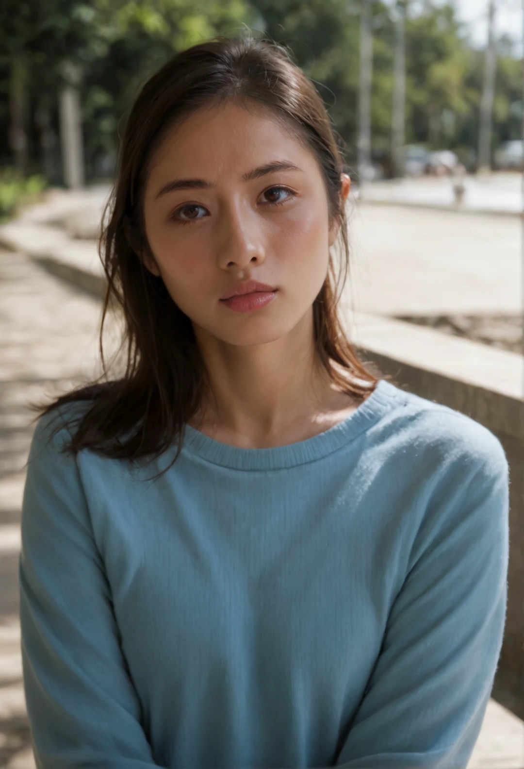score_9, score_8_up, score_7_up , Satomi_Ishihara, 1girl, brown eyes, solo, looking at viewer, black hair,lips, realistic, blue sweater, outdoor