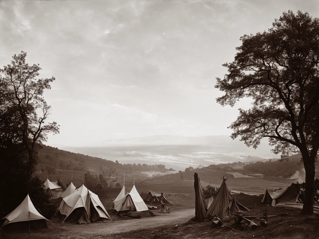 England, 1860, three gallows on top of a hill, nude victims, camp fires, tents, eerie atmosphere, torches<lora:VintageBW:1> highest quality