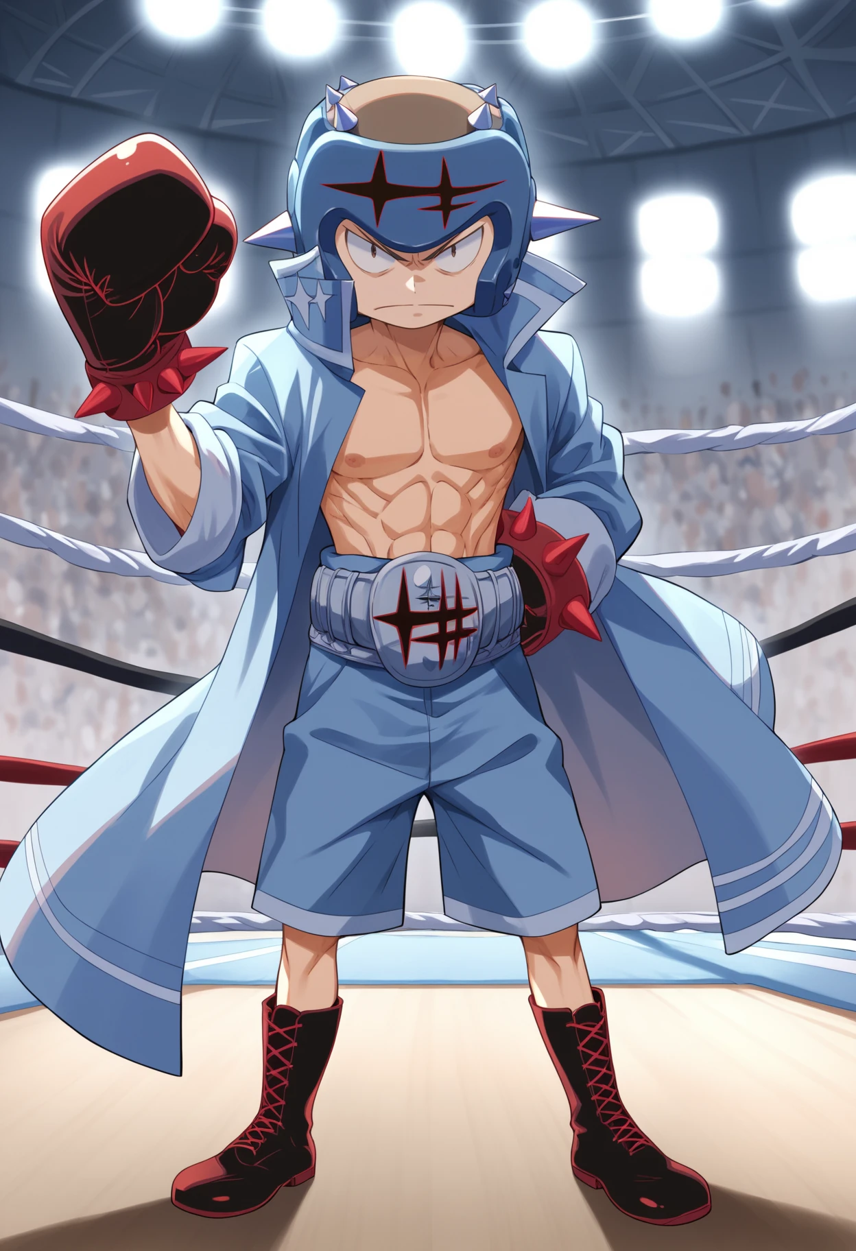 score_9, score_8_up, score_7_up, score_6_up, score_5_up, score_4_up, BREAK,
1boy, takaharufukuroda, belt, boots, boxing gloves, coat, open clothes, shorts, spikes, helmet,
looking at viewer, indoors, dojo, arena, martial art stadium background     <lora:TakaharuFukurodaXL:1>