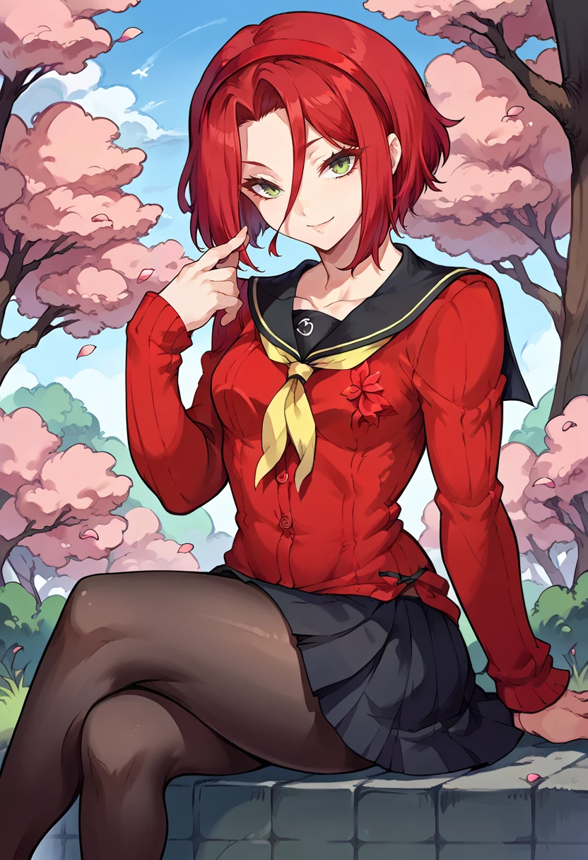 score_9, score_8_up, score_7_up, source_anime, BREAK, solo, 1girl, looking at viewer, smile, sitting, outdoors, cherry blossoms, <lora:Haru-pdxl_Fp:1>, harudesu, red hair, green eyes, short hair,  <lora:persona4_amagi_ponyXL:0.7>, red hairband, school uniform, red sweater, red cardigan, black sailor collar, yellow neckerchief, long sleeves, black skirt, black pantyhose, crossed legs,