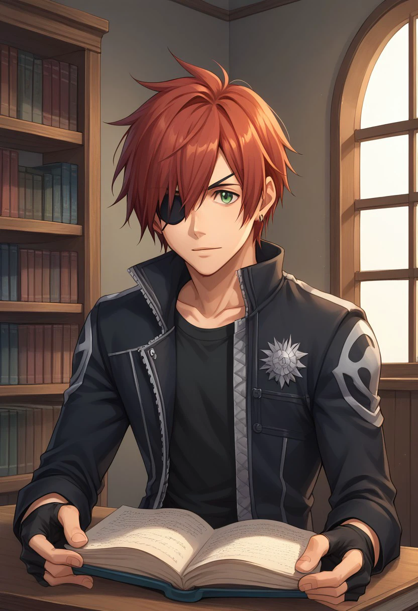 score_9, score_8_up, score_7_up, source_anime, highly detailed, 
lavidgray, solo, gloves, eyepatch, 1boy, fingerless gloves, male focus, jacket, red hair,
earrings, jewelry, green eyes, shirt, black shirt,
indoor, window, bookshelf, books, focused, upper body, reading,