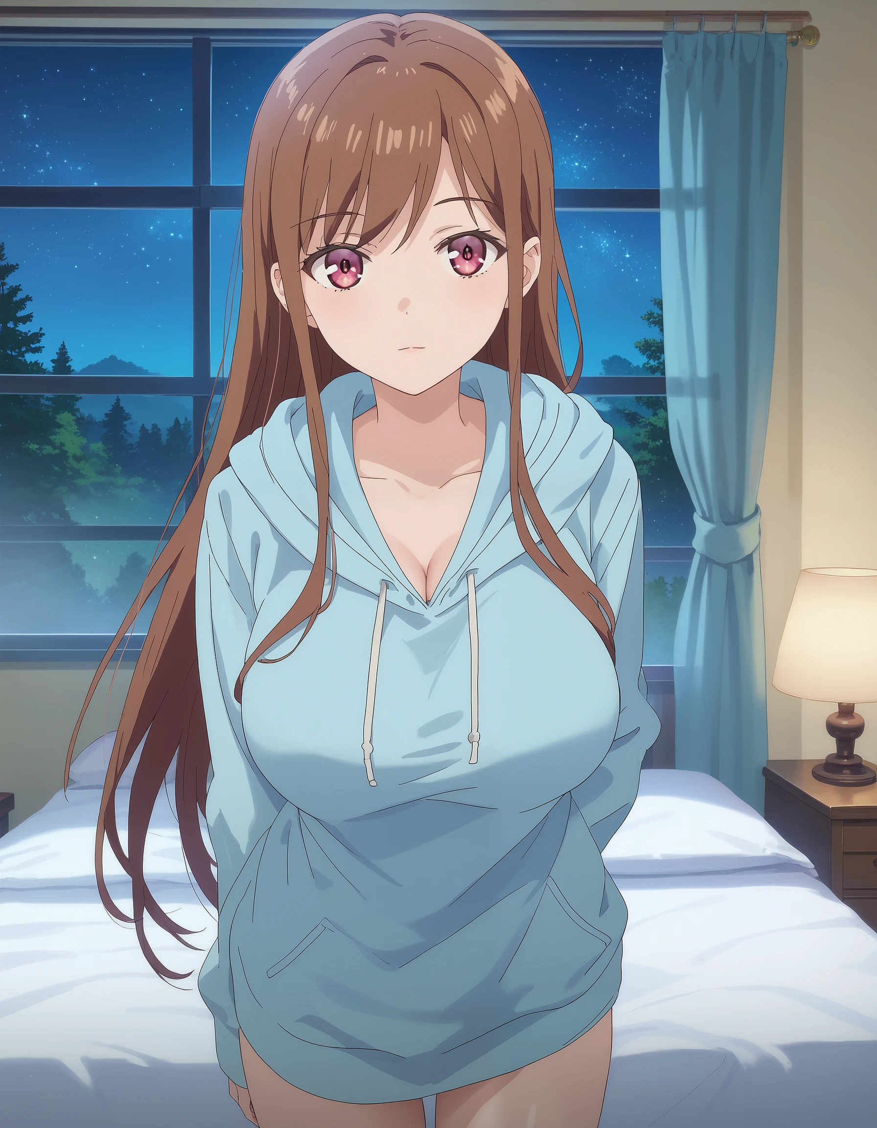 score_9, score_8_up, score_7_up, masterpiece, absurdres, source_anime, perfect anatomy,

1girl, solo,

AyaneShirakawa, long hair, brown hair, bangs, pink eyes, big breast,
blue hoodie, long hoodie, indoors, on bed,

outdoors, forest, night, starry sky, looking at viewer, cowboy shot,