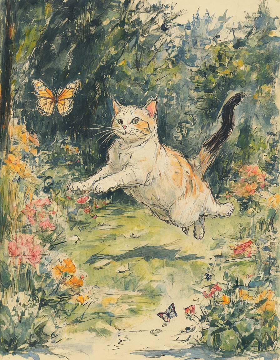 A cat mid-pounce towards a fluttering butterfly in a garden