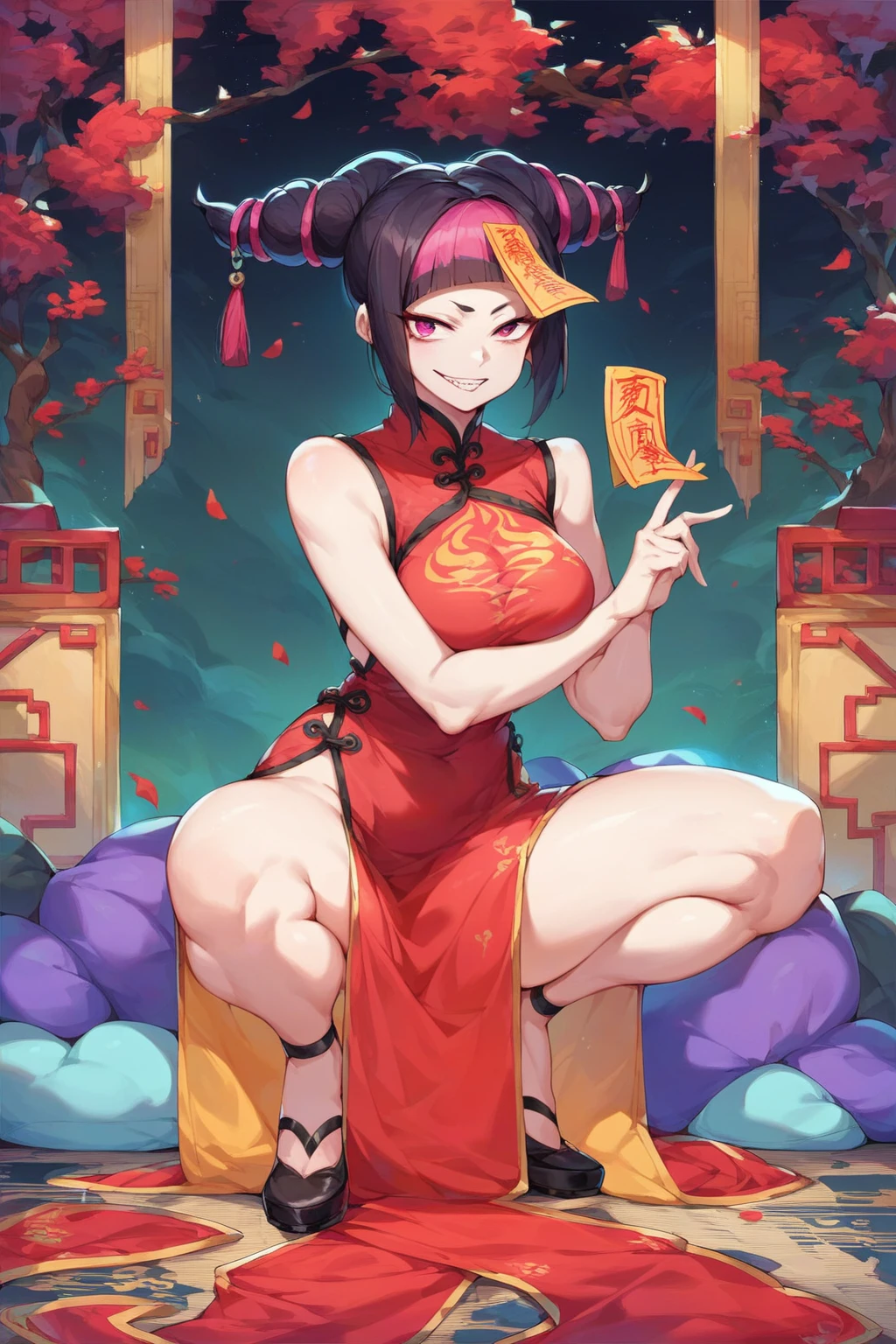 score_9, score_8_up, score_7_up, score_6_up, score_5_up, score_4_up, masterpiece, high quality, full body, 1girl, <lora:Jiangshi_Concept:0.6> Jiang5hi, talisman, fulu_on_head, pale skin, chinese_clothes, ofuda, han juri,