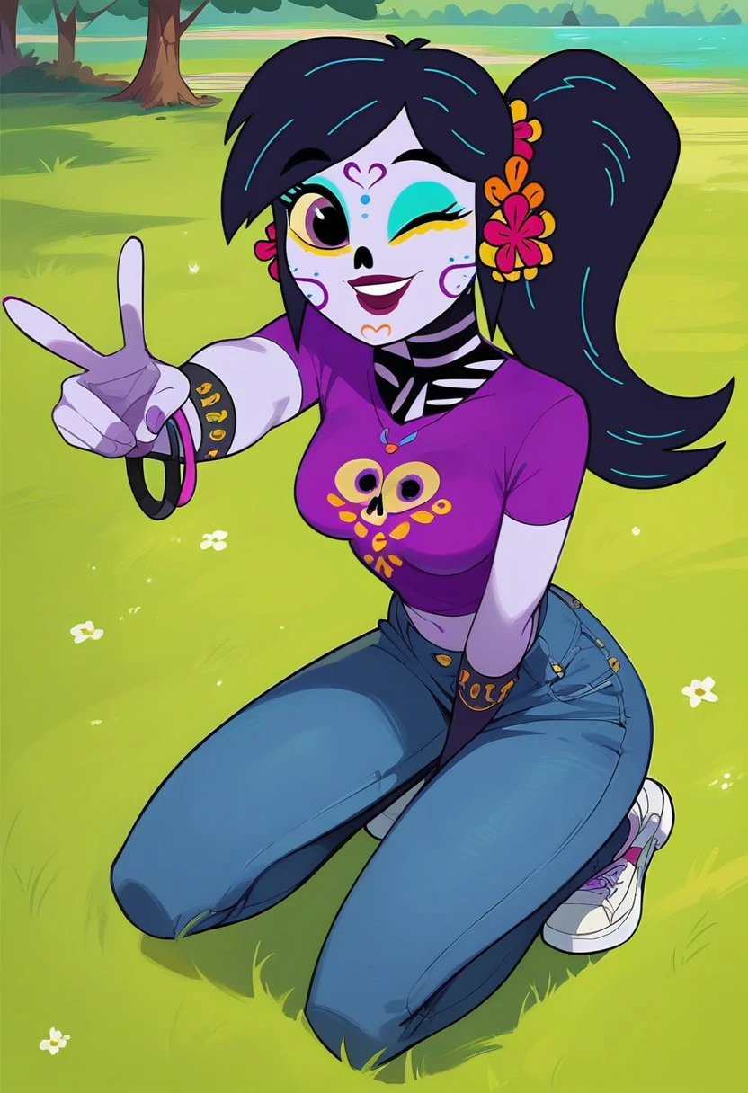 score_9, score_8_up, score_7_up, 1girl, solo, Catalina la catrina, black hair, ponytail, hair flower, yellow sclera, purple skin, purple eyes, makeup, bodypaint, medium breasts, cropped long-sleeve tee, graphic tee, skinny jeans, high-rise jeans, white sneakers, necklace, bracelet, outdoors, park, grass, dynamic angle, [perspective], squatting, thighs, v, wink, looking at viewer