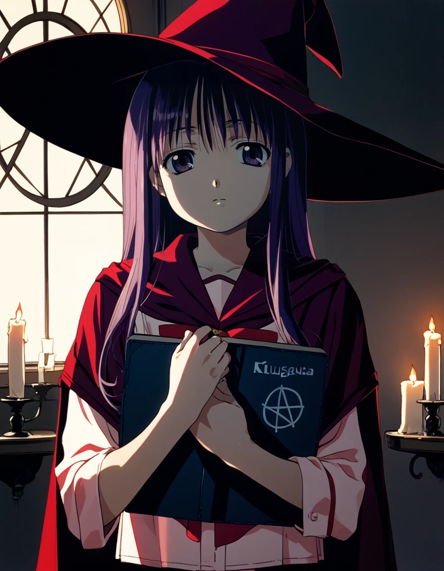 score_9,  score_8_up, score_7_up, <lora:to-heart-ponyxl:0.9> 1girl, solo, kurusugawa serika, expressionless, long hair, purple hair, serafuku, red sailor collar, white shirt, cape, witch hat, purple hat, purple cape, pentagram, holding book, dim lighting, candle, indoors