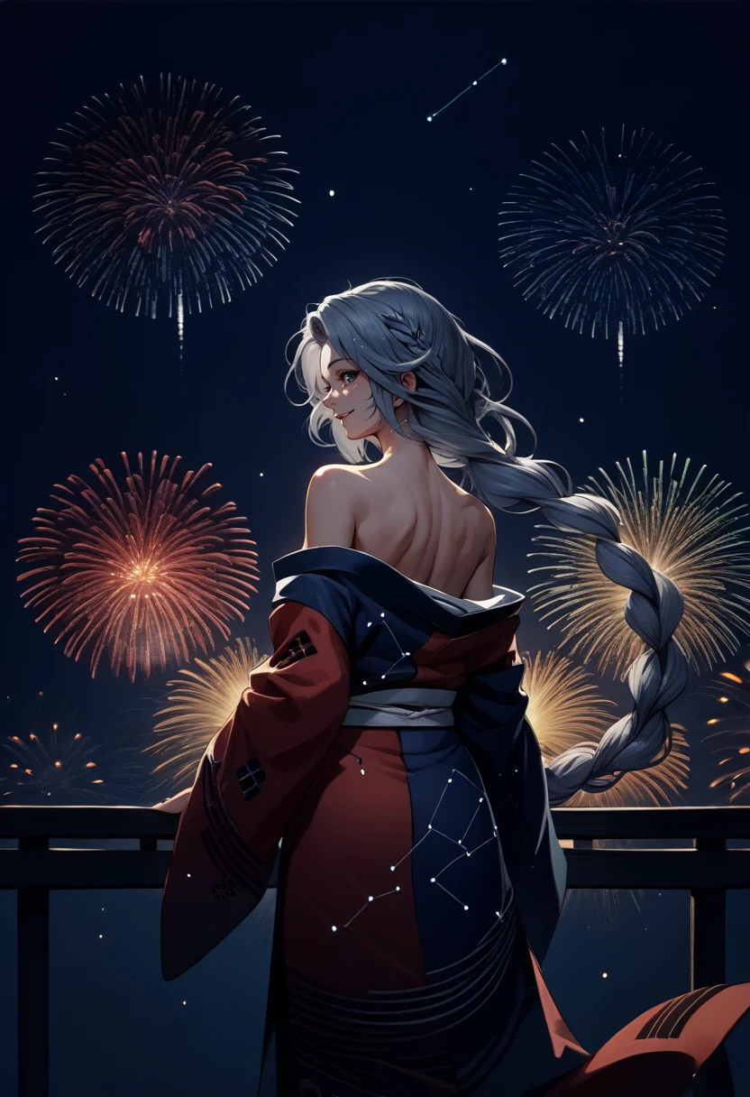 score_9, score_8_up, score_7_up, source_anime, from behind, solo, 1girl, yagokoro eirin, smile, looking back, grey hair, single braid, japanese clothes, multicolored kimono, red kimono, constellation print, off shoulder, bare shoulders, fireworks <lora:touhou_yagokoro_ponyXL:1>