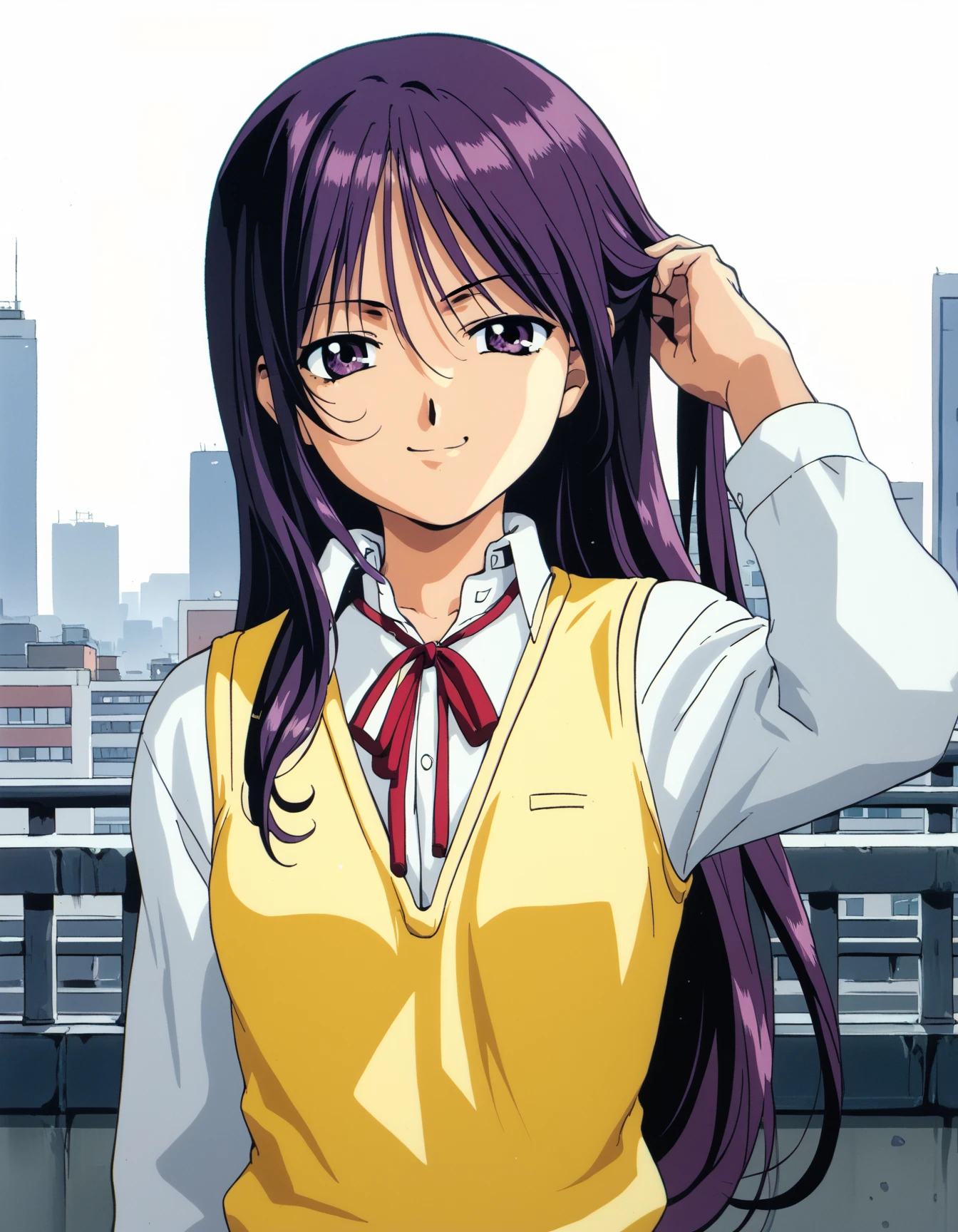 score_9,  score_8_up, score_7_up, <lora:to-heart-ponyxl:0.9> 1girl, solo, kurusugawa ayaka, long hair, purple hair, sweater vest, yellow vest, white shirt, neck ribbon, confident, smirk, hand in own hair, skyline