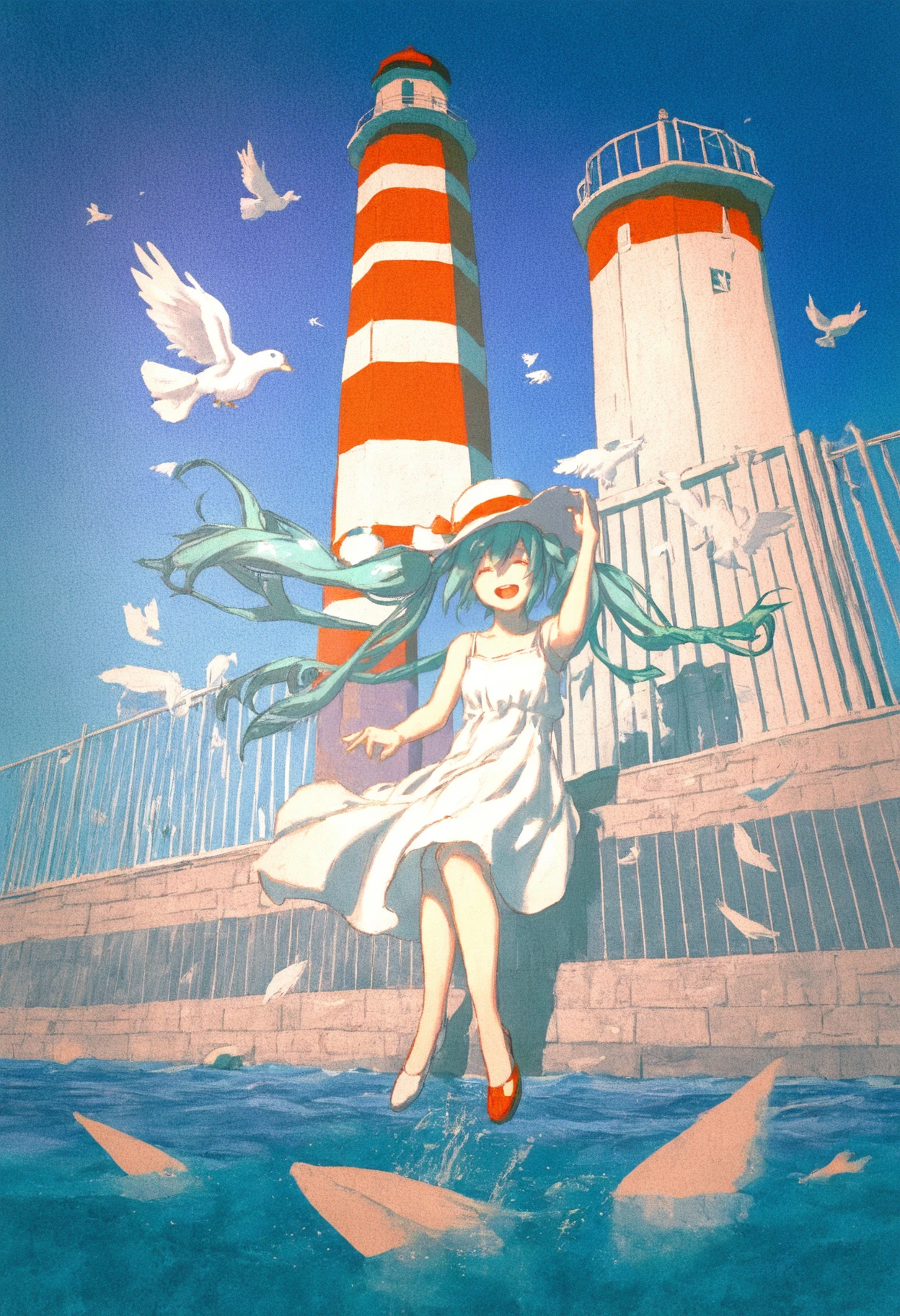 1girl, solo, hatsune miku, closed eyes, :d, white dress, sundress, sitting, hand on headwear, floating hair, sun hat, wind, water, shoes, wide shot, dove, railing, lighthouse, blue sky, <lora:neg101:1>