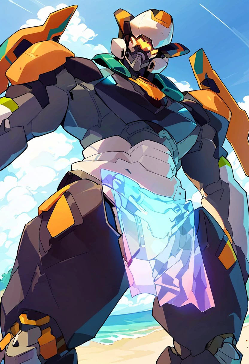 score_9, score_8_up, score_7_up,solo,male focus,mecha,robot,standing,handsome,official art,official cg,on beach,summer-version,glowing_loincloth,sea,view from below