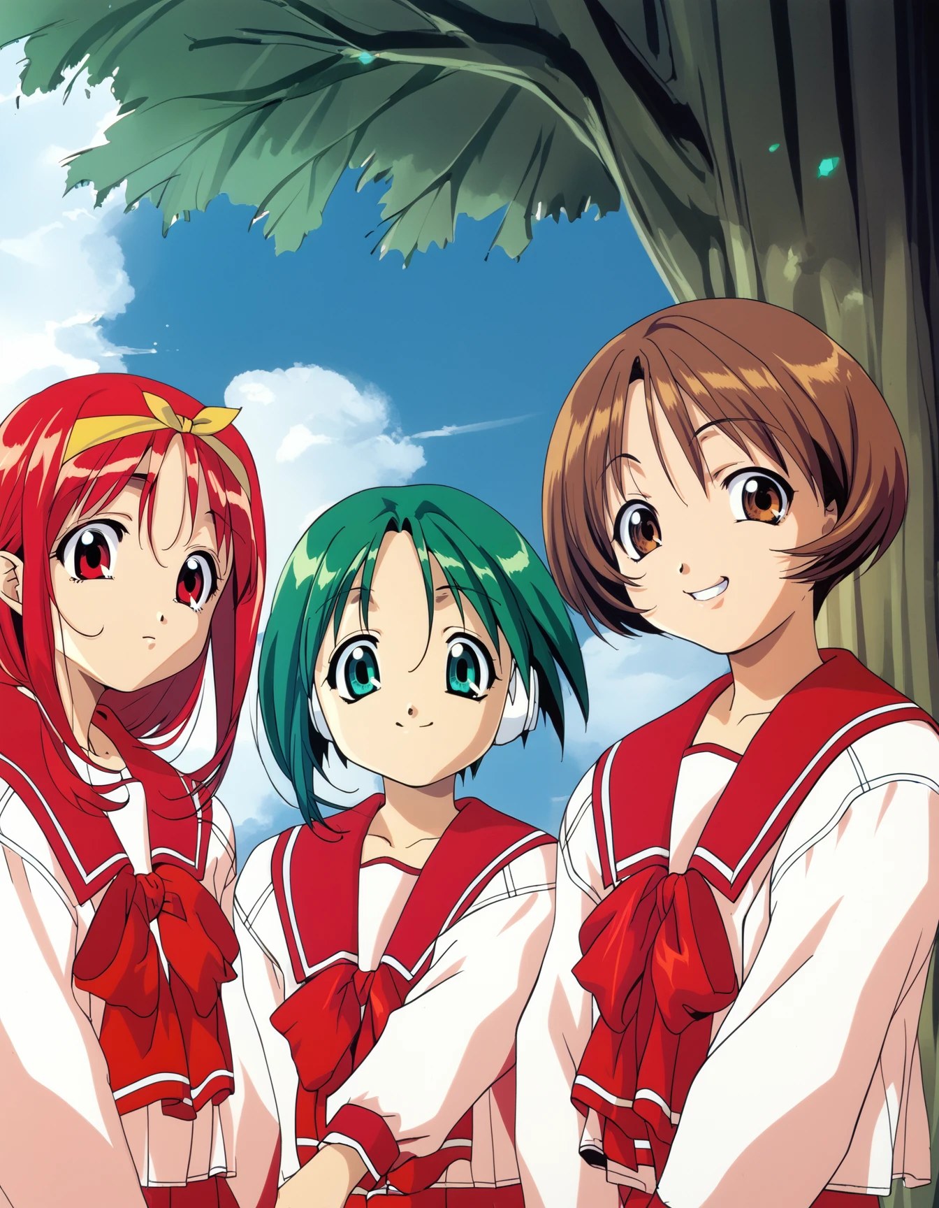 score_9,  score_8_up, score_7_up, <lora:to-heart-ponyxl:0.95> 3girls, serafuku, upper body, outdoors, smile
3girls, kamigishi akari, red hair, yellow hairband, serafuku, upper body, outdoors
3girls, maruchi, green hair, short hair, robot ears, serafuku, upper body, outdoors
3girls, nagaoka shiho, short hair, brown hair, serafuku, grin, upper body, outdoors