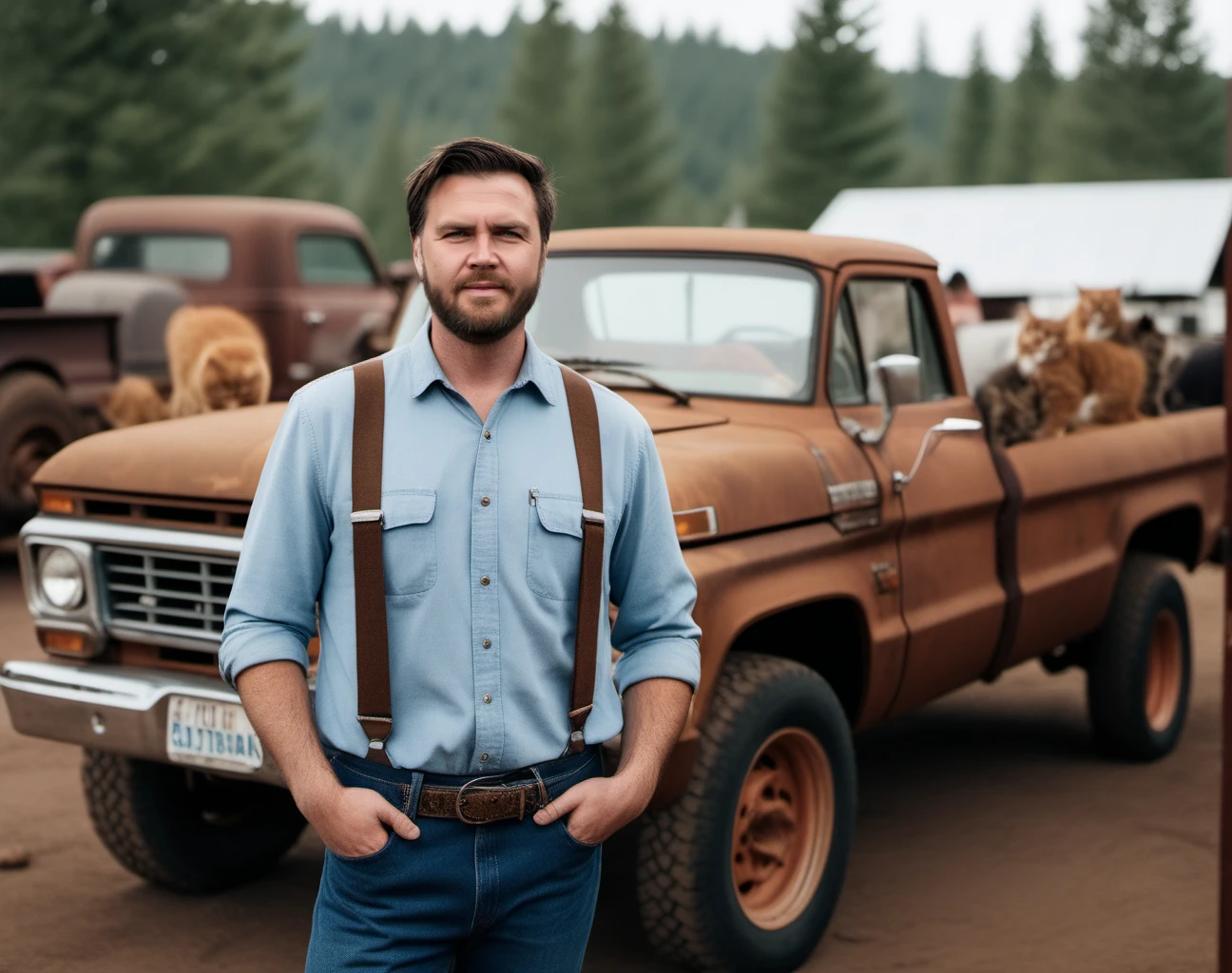 cinematic photo a redneck man, facial hair, suspenders,  in front of a rusty pickup truck, many cats <lora:Vance1024_r1:0.8> . 35mm photograph, film, bokeh, professional, 4k, highly detailed