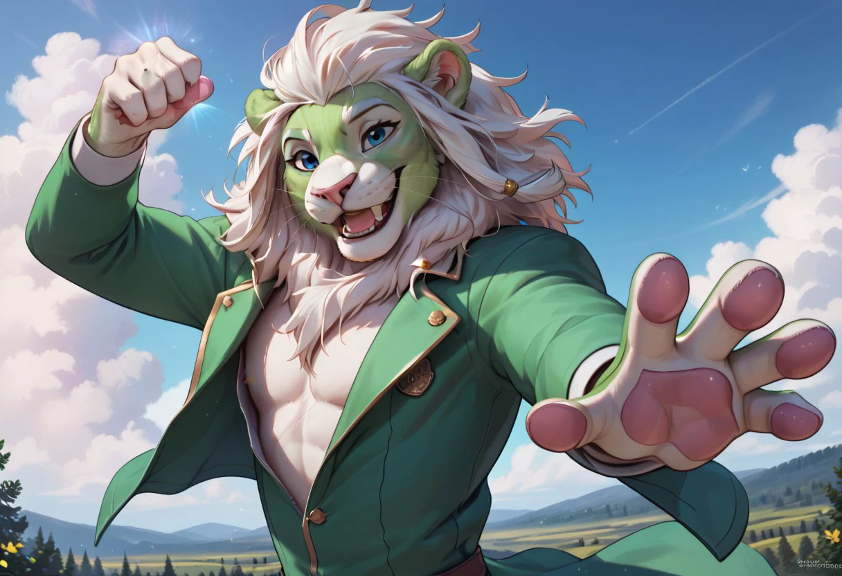 score_9, score_8_up, score_7_up, score_6_up, score_5_up, score_4_up, highres, detailed face, best quality, 4k, male, green lion, green lion face, (flue green fur:1), (white mane:1), big mane, white chest, white soles, pink pads, feet focus, (clothes:1.5), open jacket, (falling from the sky:1), clouds, , smiling, dynamic pose, (detailed blue eyes:1), outside, masculine, (smiling:1), (solo), sportive figure, nice body, light effects, (disney art style:1), (muscular:1.5), cool looking, (5 fingers:1.4), magic effect on fingers
