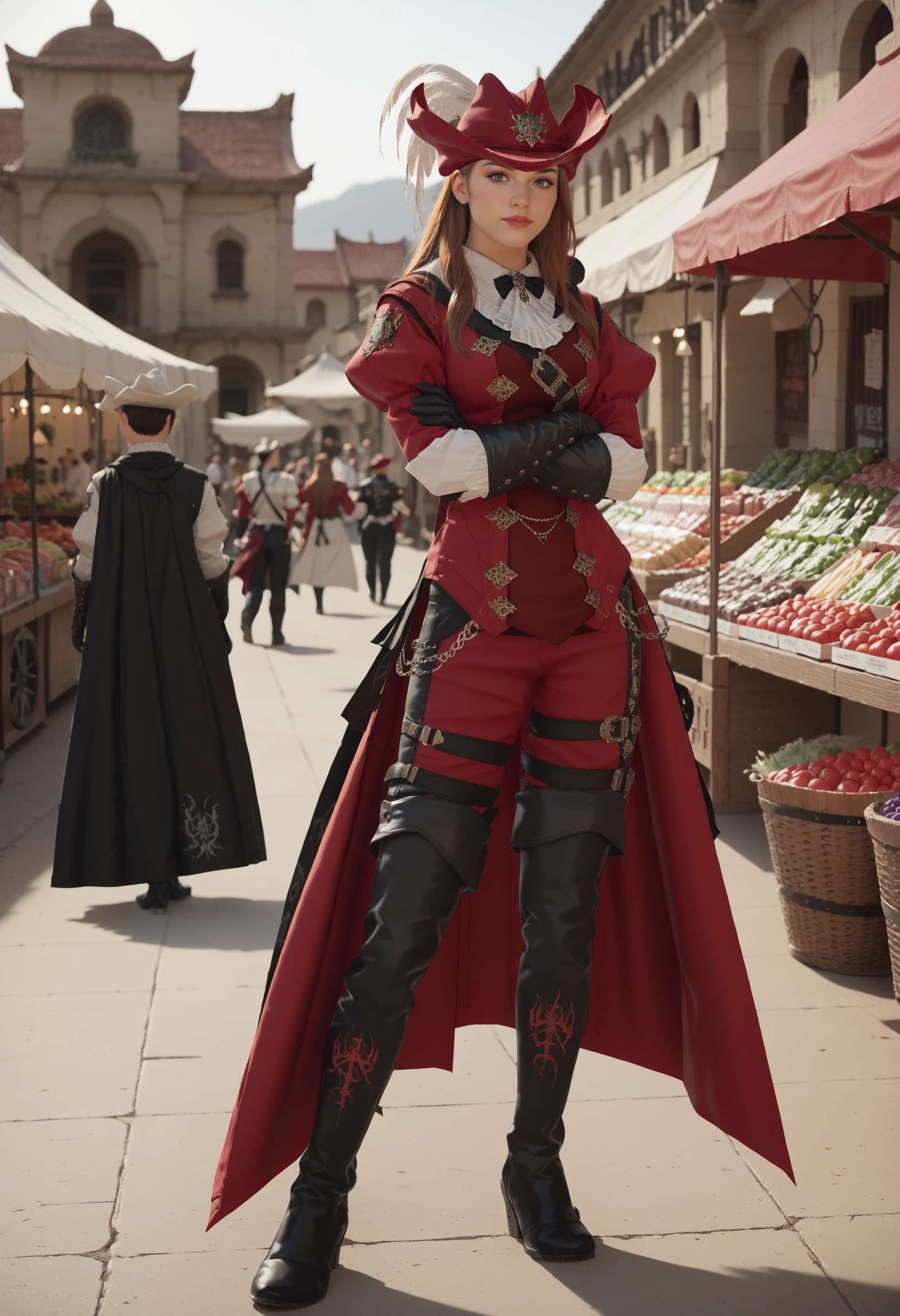 score_9, score_8_up, score_7_up, realistic, zPDXL2, 1girl, solo focus, market,  full body, middle eastern architecture, rdmAf, duelist head, duelist body, duelist gloves, duelist pants, duelist cape, duelist boots, hat feather, 1girl  <lora:Red_Mage:1>, long hair, green eyes, crossed arms, head tilt, desert,