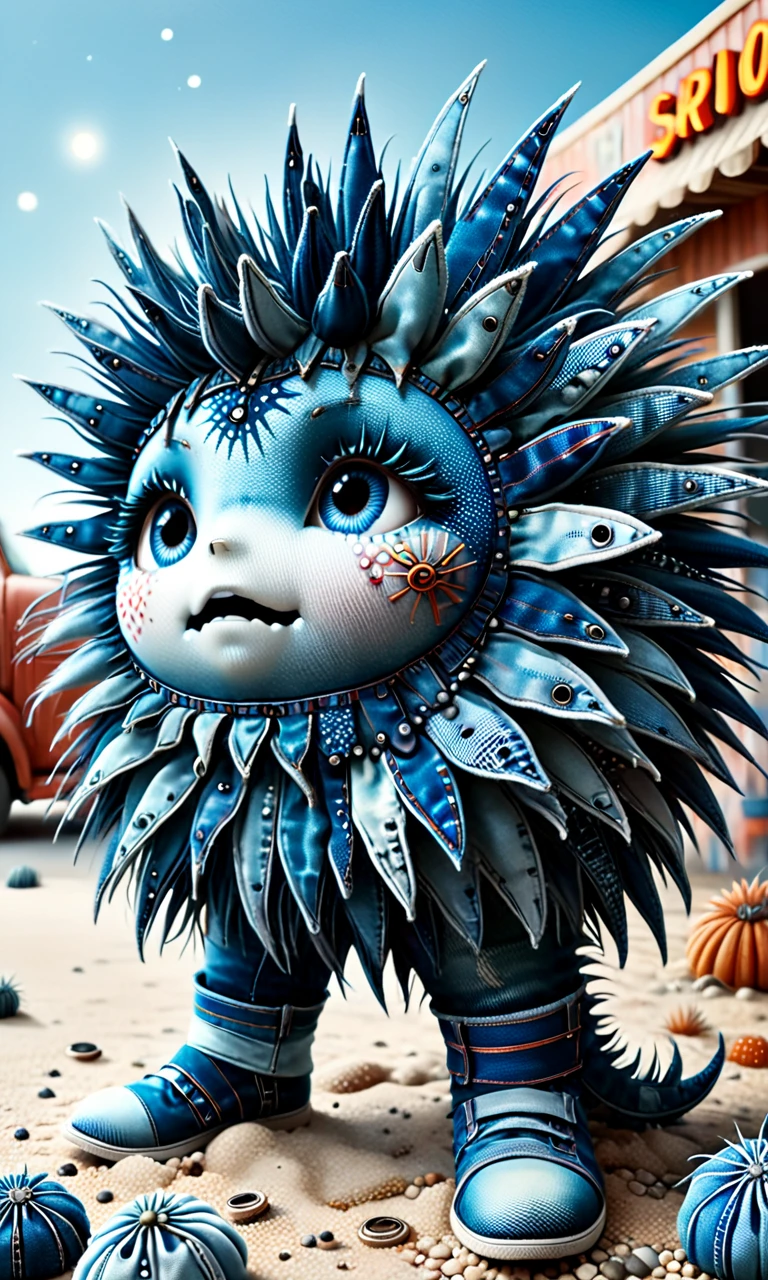 haunted Sea urchin made of distressed denim in brightly lit truck stop. Depth of field, professional, highly detailed dynamic lighting, photorealistic, 8k, raw, rich, intricate details, vivid colors <lora:denimv12-000010:1.5>