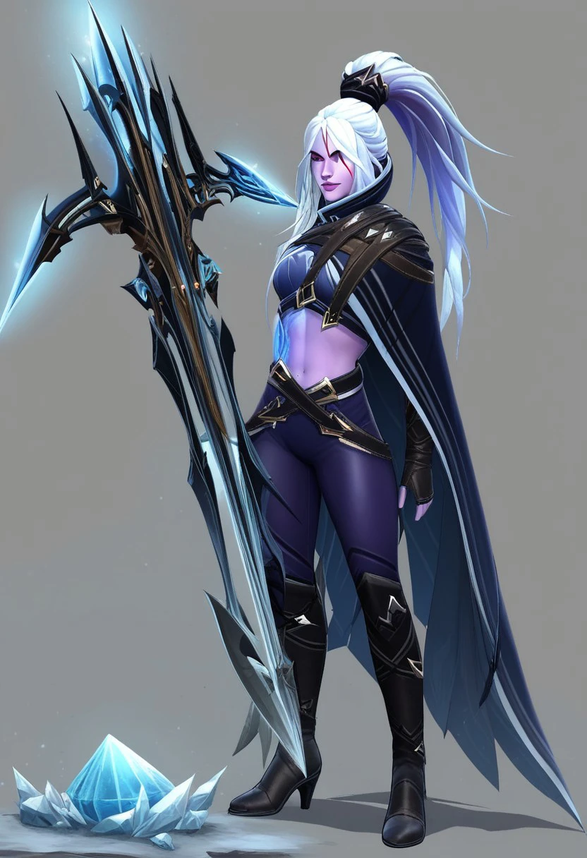 score_9, score_8_up, score_7_up, score_6_up, derpibooru_p_95, source_anime, very aesthetic, anime screencap, anime coloring, 
drow ranger, drow ranger \(dota2\), drow ranger arcana \(dota2\), 1girl, solo, long hair, breasts, looking at viewer, smile, bangs, blue eyes, hair ornament, thighhighs, gloves, navel, holding, jewelry, medium breasts, closed mouth, standing, full body, closed eyes, ponytail, weapon, white hair, grey hair, sidelocks, earrings, boots, parted lips, barefoot, alternate costume, pointy ears, black gloves, elbow gloves, midriff, belt, pants, sword, artist name, signature, cape, black footwear, holding weapon, armor, hair over one eye, character name, high heels, from side, dated, english text, official alternate costume, lips, gun, looking to the side, bodysuit, tattoo, profile, makeup, copyright name, glowing, colored skin, thigh boots, watermark, scar, facial mark, black pants, piercing, knee boots, high ponytail, lipstick, elf, shoulder armor, gauntlets, gem, instrument, ear piercing, pale skin, web address, cloak, pauldrons, black belt, ice, bow (weapon), crystal, breastplate, fantasy, blue skin, arrow (projectile), logo, vambraces, black cape, armored boots, greaves, company name, huge weapon, grey skin, purple skin, blue cape, planted, holding bow (weapon), quiver, glowing weapon, crossbow