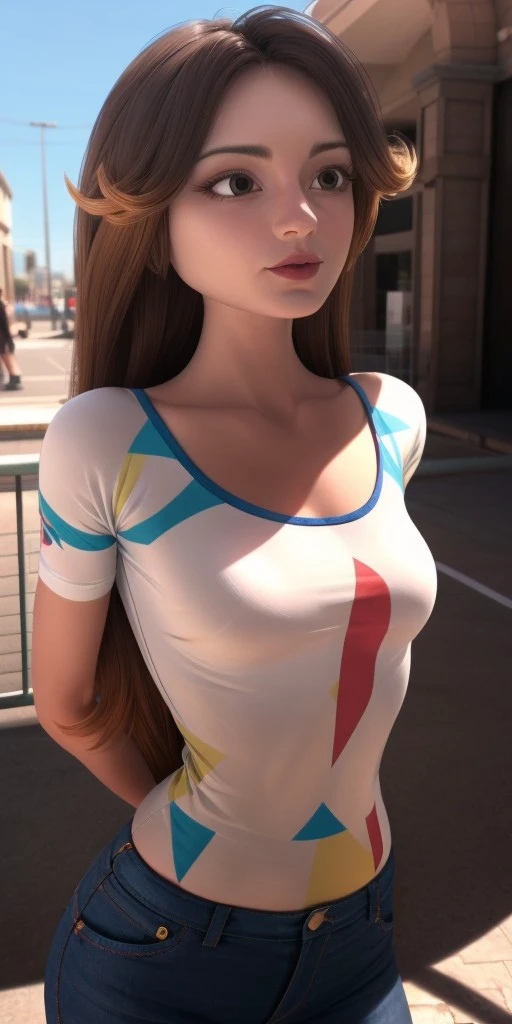 Hyperrealistic, photorealistic, super detailed, colored T-shirt, purple jeans, waist-length wavy brown hair that is split on both sides, brilliant amaranth lipstick, brown eyes, body like in real life, large pores, fair-skinned, beautiful arms, little breasts, unreal engine, octane render, droped shadow, bokeh, cinematic lighting, <lora:add_detail:0.5>, <lora:Volumetric_lighting:0.6>,, <lora:e4743ff2-7ed6-4728-b033-3bc83cb997a4:0.7>