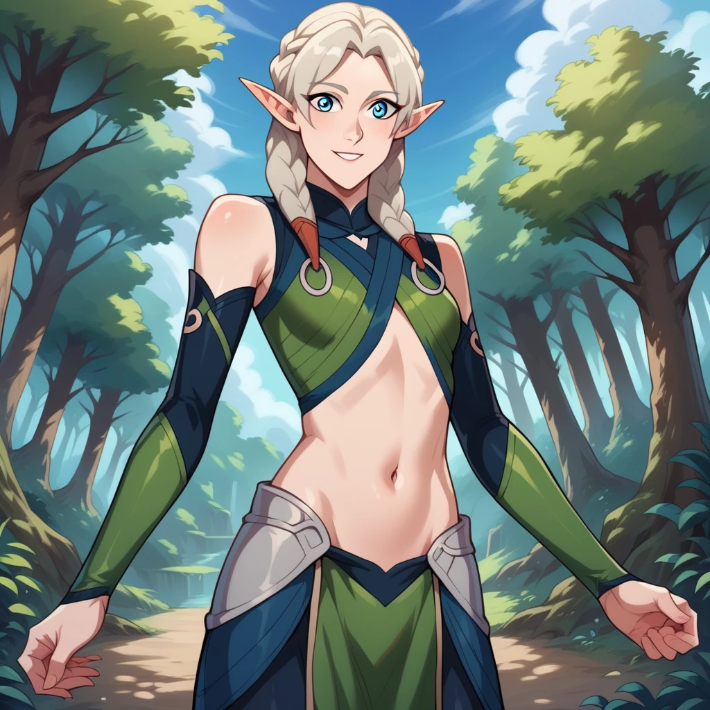 fymryn , fymryn \(dota 2\), 1girl, solo, long hair, breasts, looking at viewer, smile, blue eyes, blonde hair, navel, bare shoulders, braid, cowboy shot, small breasts, outdoors, detached sleeves, sky, day, pointy ears, midriff, stomach, twin braids, tree, blue sky, elf, nature, hair over shoulder, pelvic curtain, forest