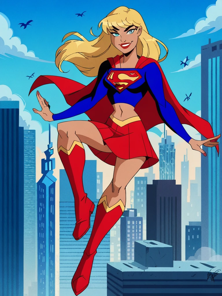 score_9, score_8_up, score_7_up, score_6_up, score_5_up,
Supergirl, DC Comics, blonde hair, light blue eyes, long hair, blue shirt, crop top, long sleeves, red skirt, red boots, knee boots, cape
, 1girl , solo, realistic, (medium breasts, tall, toned), looking at viewer, flying, smile, city, skyscrapers, sky background, (full body):1.5
<lora:Aeolus06:0.8> aeolus06,  <lora:Supergirl_Justice_League_Unlimited_Pony_Diffusion_XL:0.7>