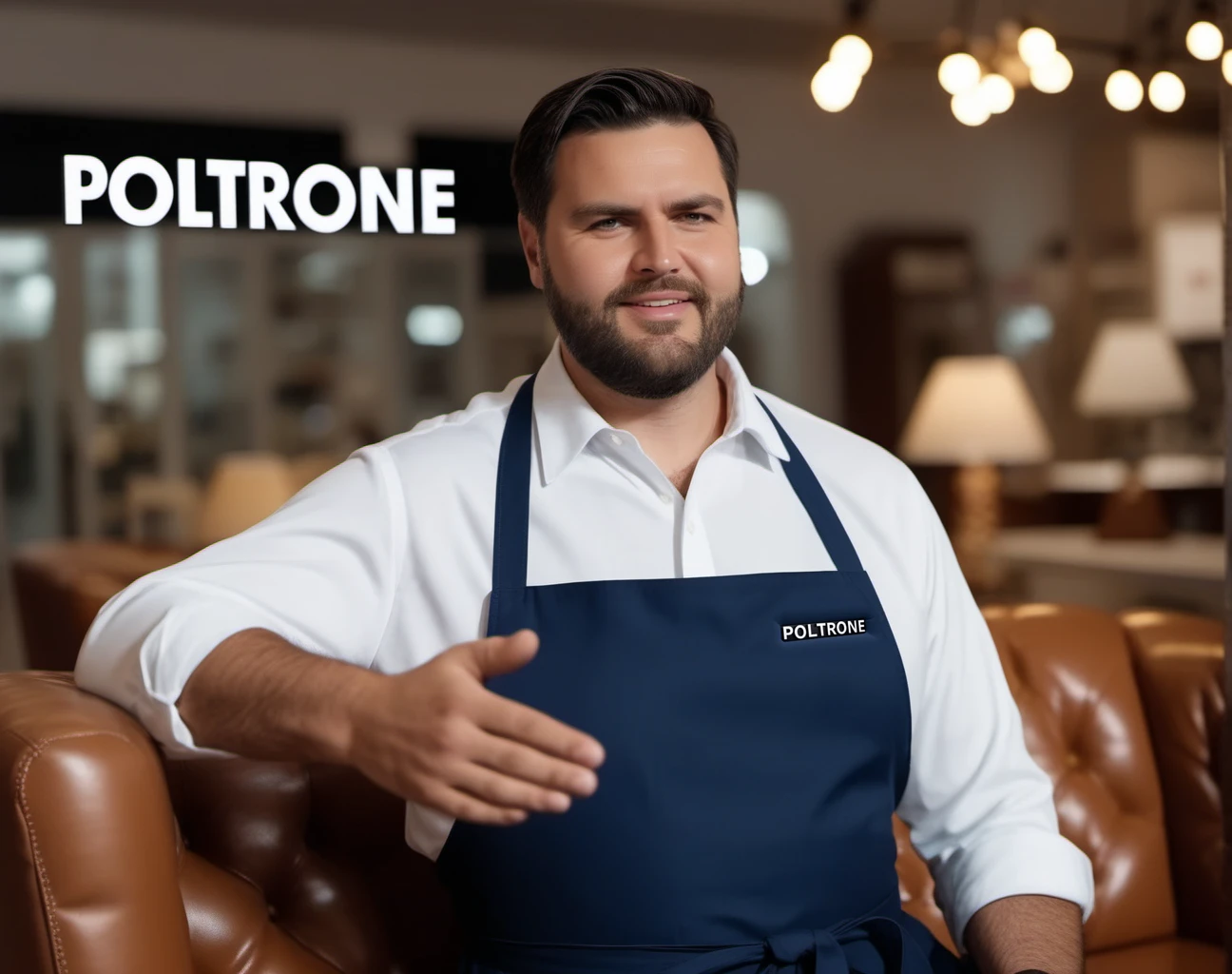 cinematic photo a man, facial hair, apron, sofa salesman, in a sofa shop, text ''POLTRONE SOFA'' <lora:Vance1024_r1:0.8> . 35mm photograph, film, bokeh, professional, 4k, highly detailed