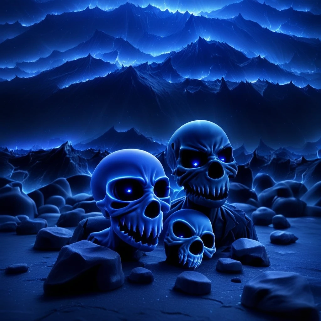 wings, night, male focus, kaijuu, blue theme, skull, no humans, teeth, 1boy, mountain, glowing eyes, rock