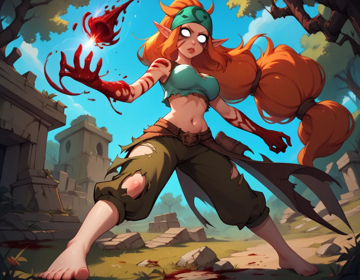 score_9, score_8_up, score_7_up,score_6_up, score_5_up, score_4_up , 1girl, solo, 
SacrierDG,
large breasts,
long hair, orange hair, pointy ears, no pupils, shackles, 
pelt, armor, crop top, torn clothes, blood on hands, bandana,  barefoot,
lips,
outdoors, ruins, forest,
from below,
looking at viewer, 
fighting stance, magic,
<lora:Sacrier DG PXL v01:0.90>