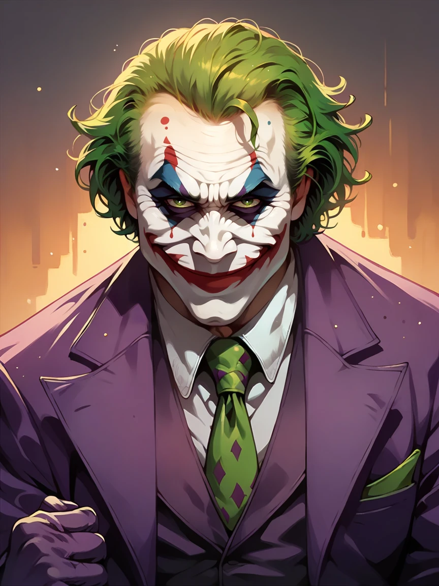 score_9, score_8_up, score_7_up, score_6_up, score_5_up,  <lora:thejokerXLP:1> the joker, 1boy, solo, green hair, suit, smile, formal, clown, necktie, gloves, green eyes