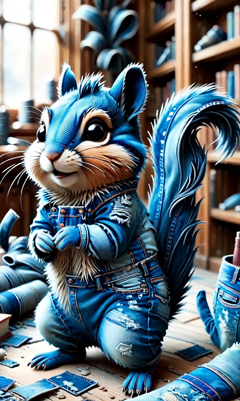desperate chipmunk made of denim in abandoned library. Depth of field, professional, highly detailed dynamic lighting, photorealistic, 8k, raw, rich, intricate details, vivid colors <lora:denimv12-000010:1.5>