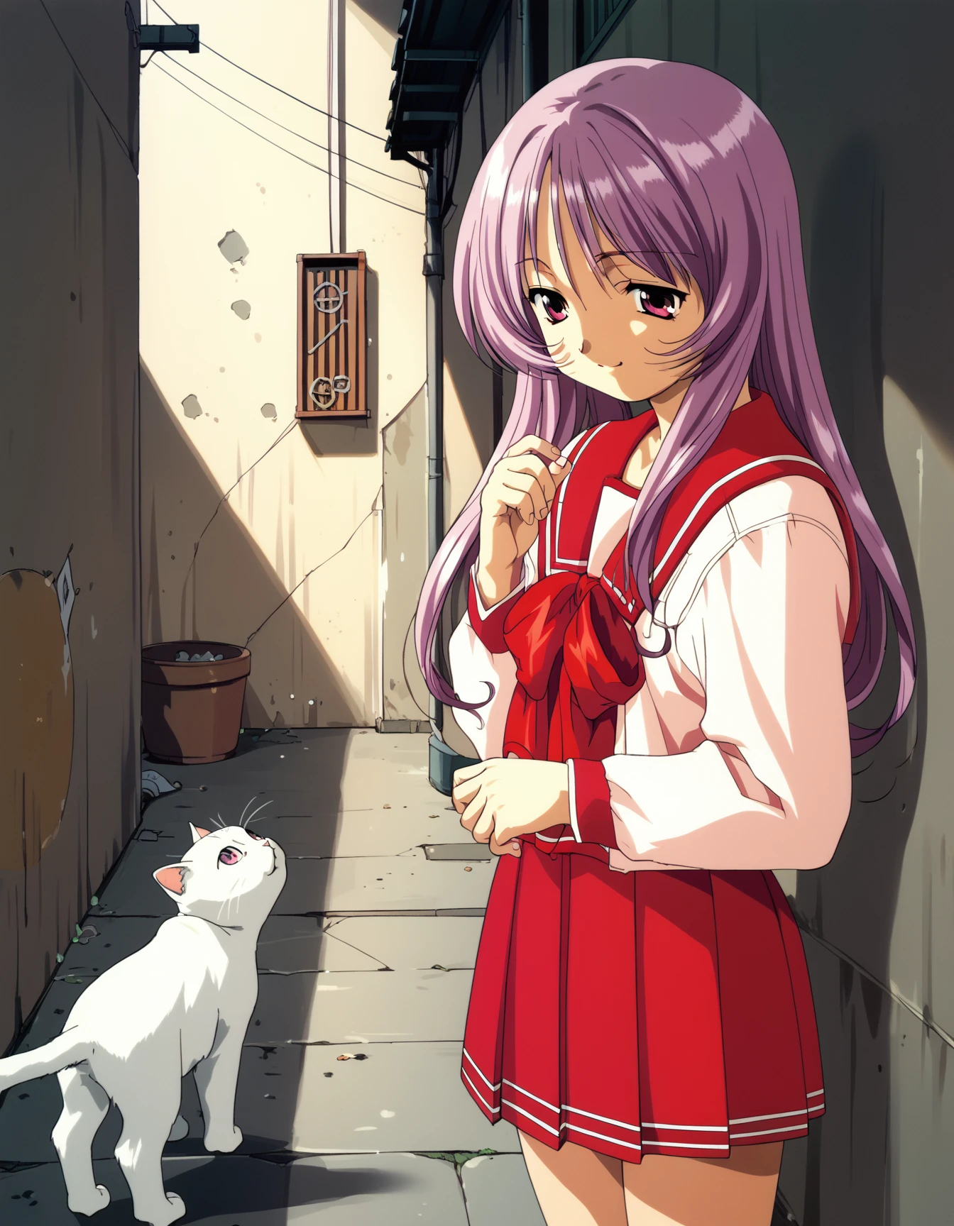 score_9,  score_8_up, score_7_up, <lora:to-heart-ponyxl:0.9> 1girl, solo, himekawa kotone, long hair, pink hair, purple hair, pink eyes, serafuku, cat, light smile, alley