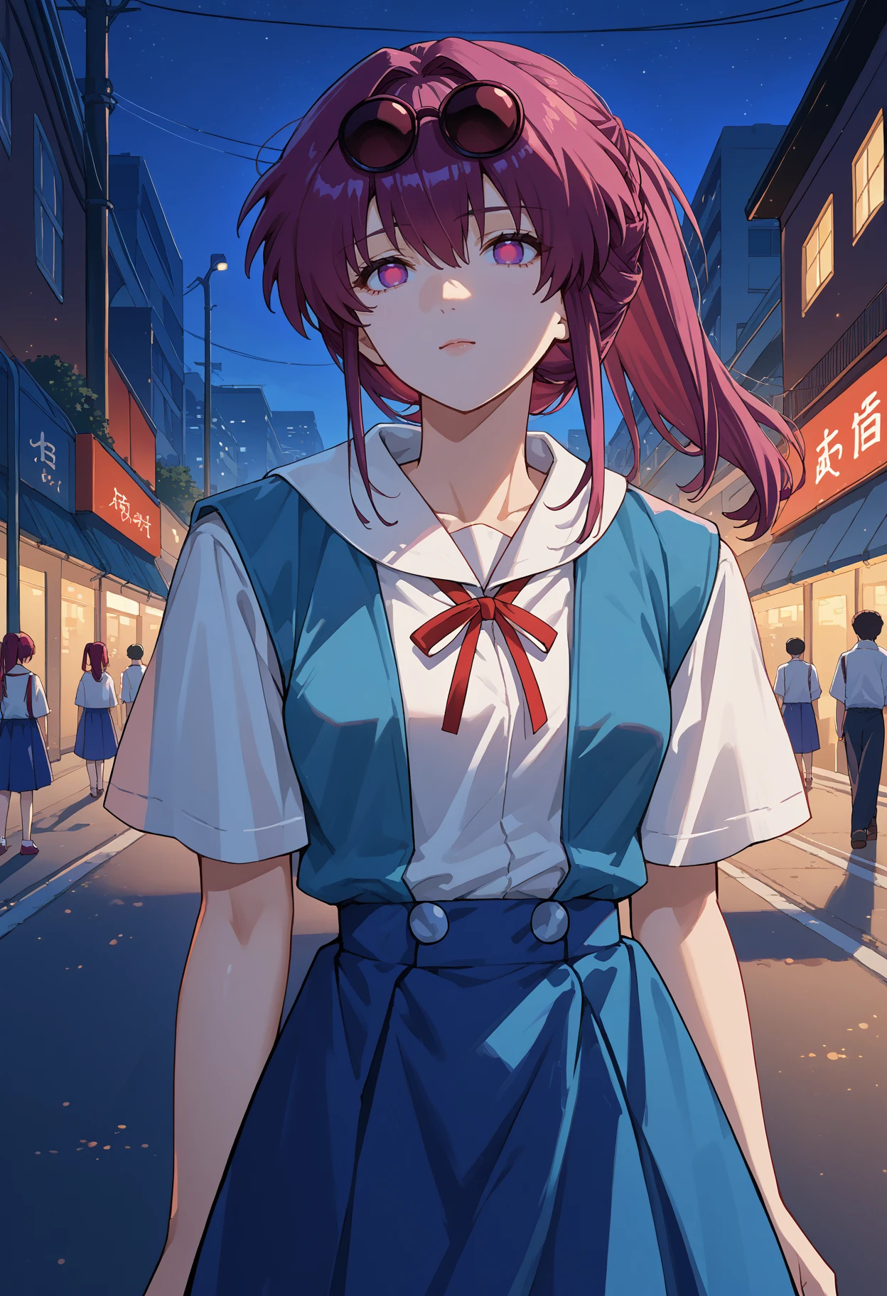 score_9, score_8_up, source_anime, 1girl, solo, Tokyo3UniformFemale, white sailor collar, red ribbon, blue vest, white shirt, short sleeves, blue skirt, KafkaHSR, purple eyes, long hair, ponytail, sidelocks, sunglasses on head, <lora:ChamKafkaHSRPonyXL:1>, outdoors, night, street, lamppost, <lora:ChamTokyo3UniformPonyXL:1>