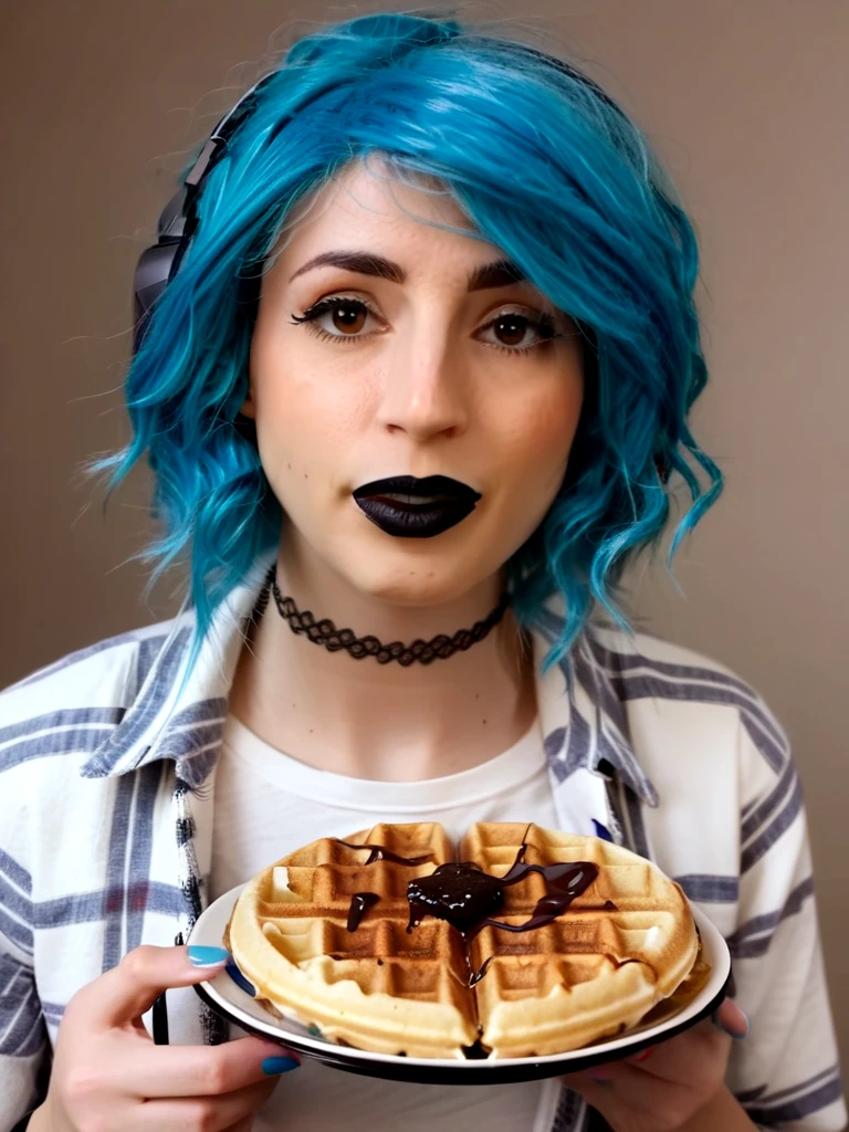 <lora:zgibiasmr:1> zgibiasmr, blue hair, black lips, zd41sy holding a waffle, realistic