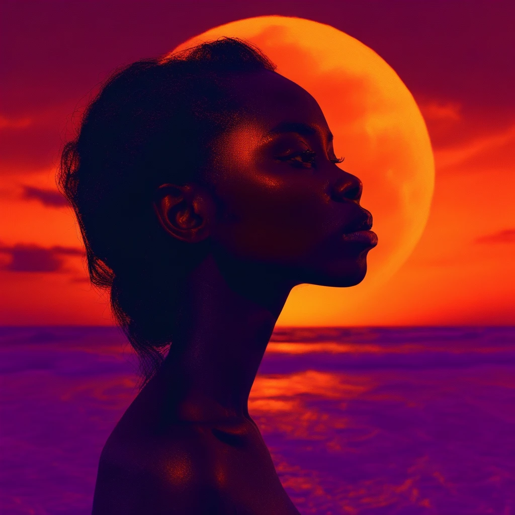 sunset, cloud, dark skin, sky, portrait, lips, moon, solo, outdoors, black hair