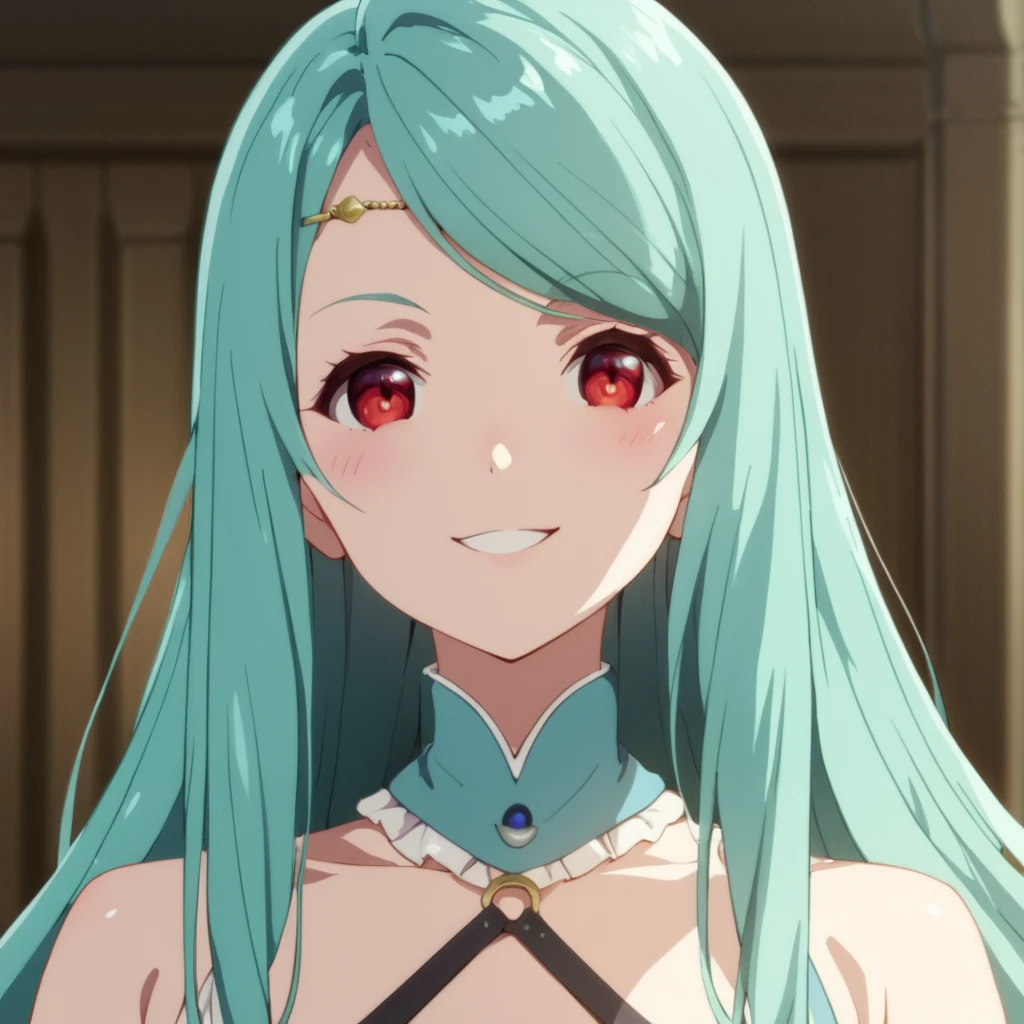 score_9, score_8_up, score_7_up, score_6_up, score_5_up, score_4_up, source_anime,  Meiru, red eyes, very long hair, aqua hair, , smile, portrait