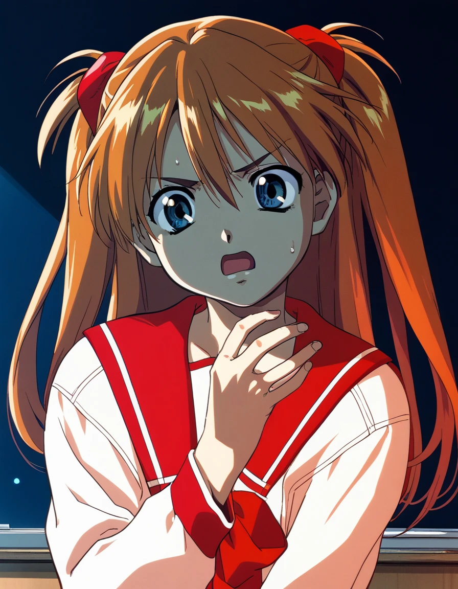 score_9,  score_8_up, score_7_up, <lora:to-heart-ponyxl:0.9> 1girl, solo, souryuu asuka langley, serafuku, open mouth, annoyed, sweat, classroom, dim lighting, night, upper body