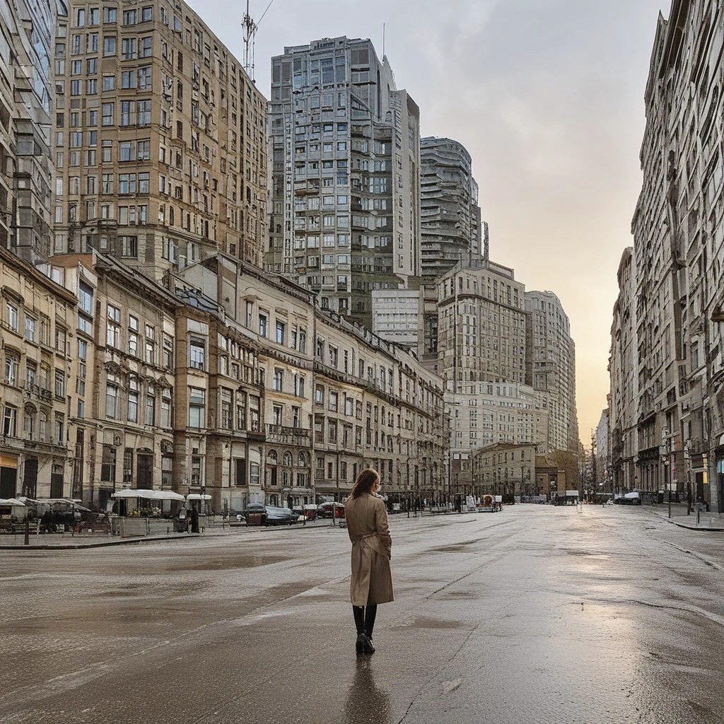 wet urban street, sunset after rain, building, sun, woman