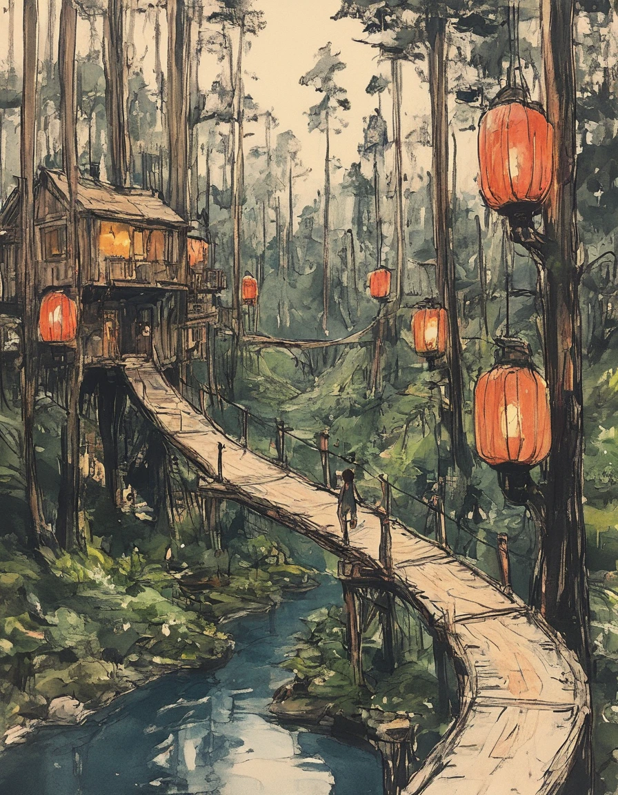A whimsical treehouse village in a giant redwood forest, connected by rope bridges and lanterns