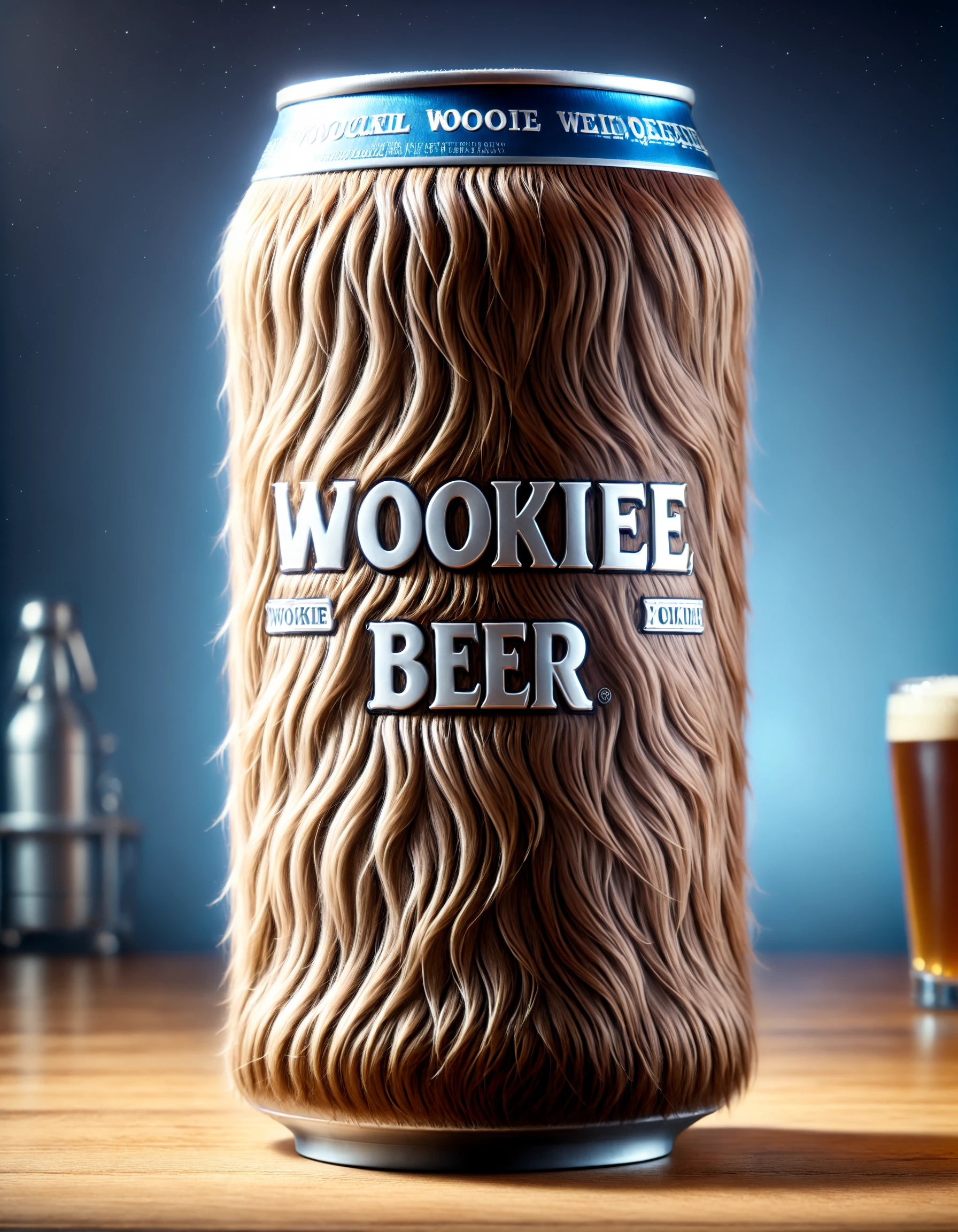 cinematic film still a photo of a beer can made of w00kiee, text "wookiee beer", raw photo . shallow depth of field, vignette, highly detailed, high budget, bokeh, cinemascope, moody, epic, gorgeous, film grain, grainy, food photography style  appetizing, professional, culinary, high-resolution, commercial, highly detailed