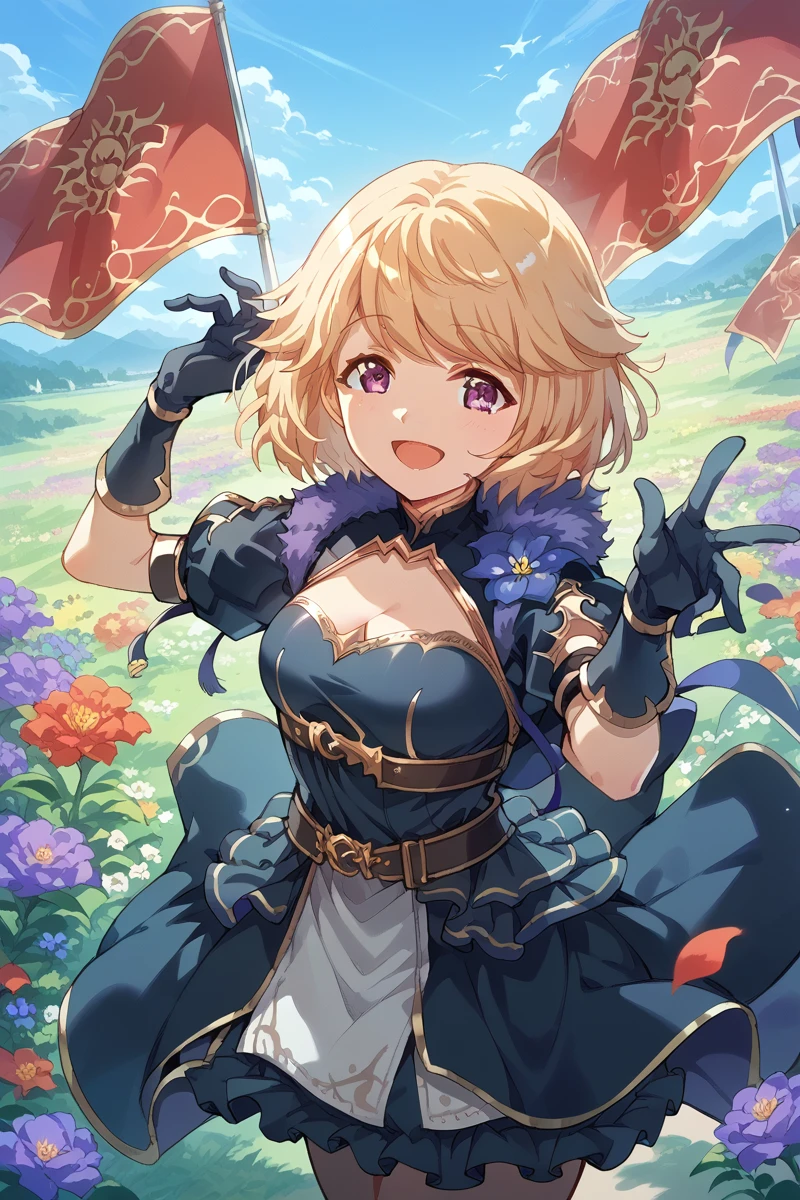 score_9, score_8_up, score_7_up, score_6_up, 1girl,
 <lora:Ryoko_Kobato:0.9> ryoko, flower, blonde hair, solo, gloves, flag, outdoors, purple eyes, smile, sky, open mouth, breasts, short hair, cleavage, dress, fiona