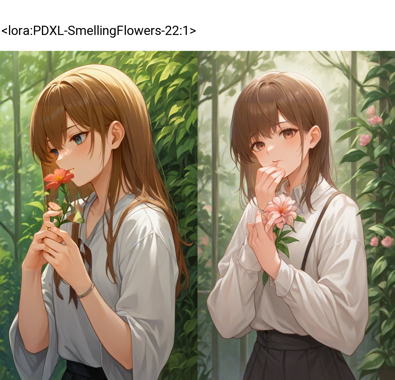 score_9, score_8_up, score_7_up, score_6_up, source_anime,  1girl, solo, smelling flower, <lora:PDXL-SmellingFlowers-22:1>