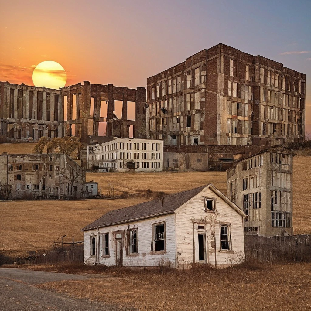 rural town, abandoned building, sunset, landscape