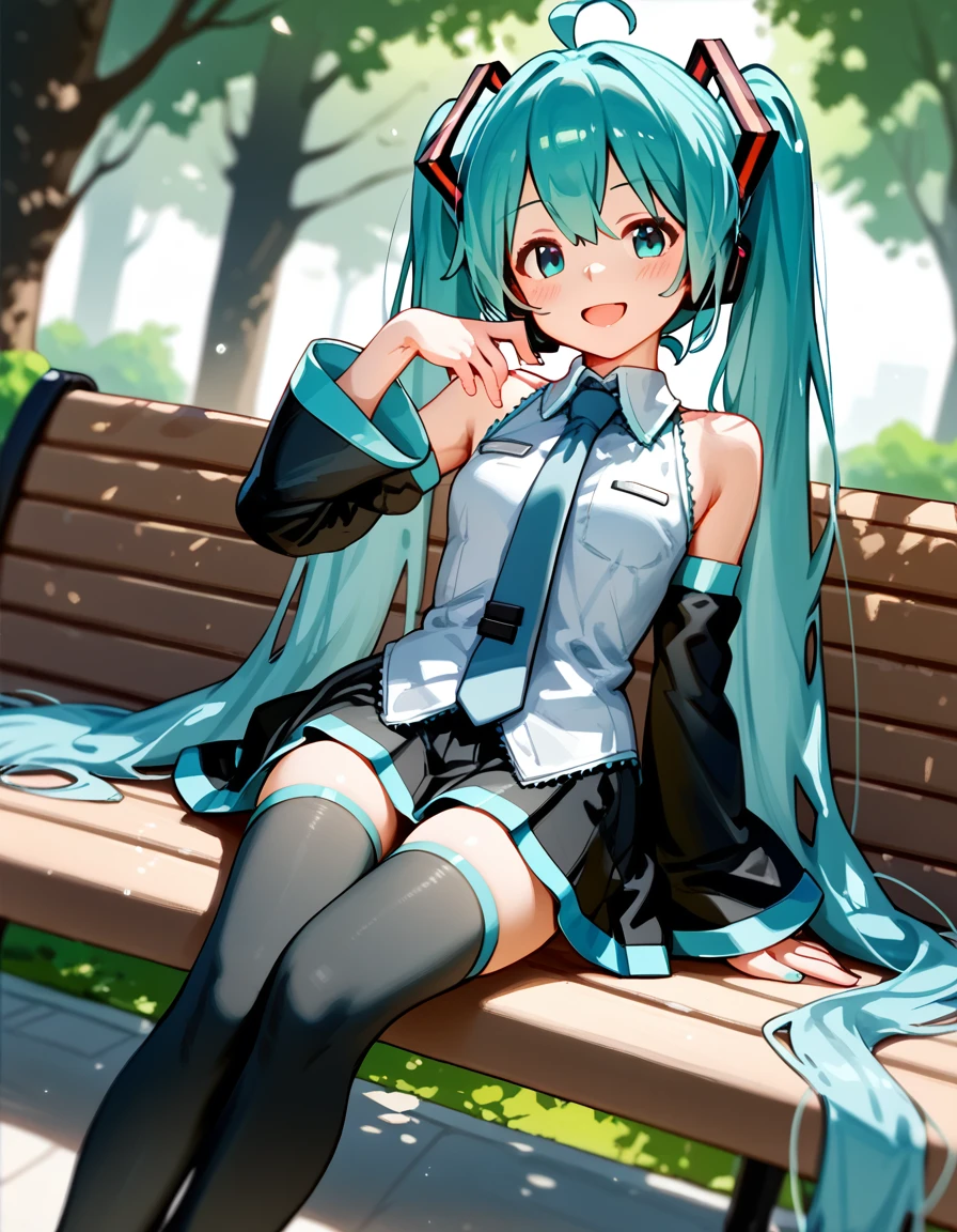 score_9, score_8_up, score_7_up,score_6_up,score_5_up,score_4_up, 1girl sitting on a park bench, dutch angle, smile, open mouth, blush, looking at viewer, (hatsune miku:0.8), detached sleeves, thighhighs, black skirt,