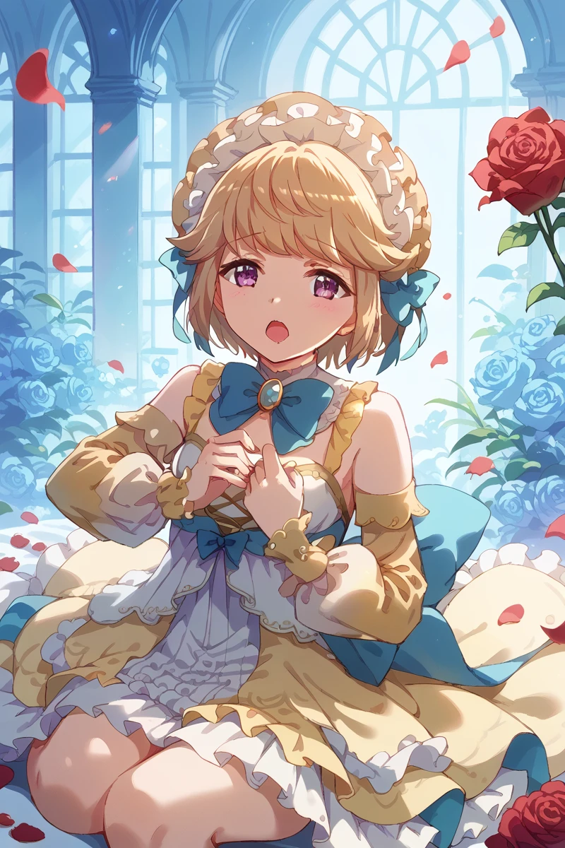 score_9, score_8_up, score_7_up, score_6_up, 1girl,
 <lora:Ryoko_Kobato:0.9> ryoko, flower, blonde hair, solo, dress, sitting, purple eyes, petals, short hair, open mouth, detached sleeves, rose, wariza, bow, looking at viewer, belle