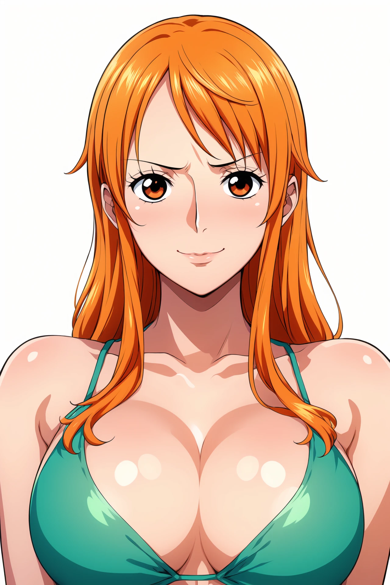 Simple Background,(White_Background:1.1),
dynamic pose,standing at attention,
Green bikini top, Navel,collarbone, cleavage, bare shoulders, bare arms, demin,
<lora:Nami_OnePiece-KK77-V1:0.7>,nami \(one piece\),shoulder tattoo,
red eyes, Orange hair,bangs,Long hair,Makeup, red lipstick, 
<lora:more_details:0.1>,<lora:NovelAI_YesMix5_KKStyle-KK77-Yes5-V1:0.3>,<lora:Oda_Non_Style2-KK77-Yes5-V1:0.3>,
1 girl, 20yo,Young female,Beautiful long legs,Beautiful body,
Beautiful Nose,Beautiful character design, perfect eyes, perfect face,expressive eyes,perfect balance,
looking at viewer,(Focus on her face),closed mouth, (innocent_big_eyes:1.0),(Light_Smile:0.3),
official art,extremely detailed CG unity 8k wallpaper, perfect lighting,Colorful, Bright_Front_face_Lighting,White skin,
(masterpiece:1.0),(best_quality:1.0), ultra high res,4K,ultra-detailed,
photography, 8K, HDR, highres, absurdres:1.2, Kodak portra 400, film grain, blurry background, bokeh:1.2, lens flare, (vibrant_color:1.2),professional photograph,
(Beautiful,large_Breasts:1.4), (beautiful_face:1.5),(narrow_waist),