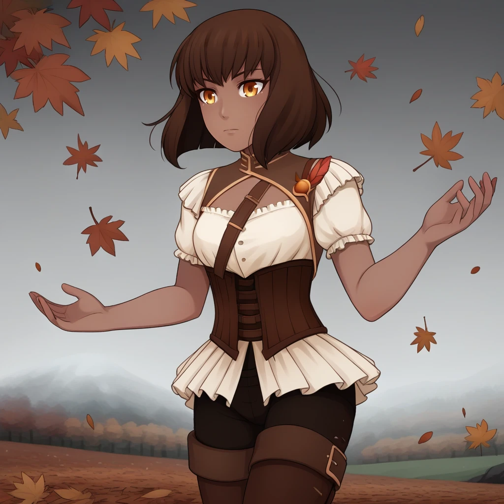 score_9, score_8_up, score_7_up, score_6_up, score_5_up, score_4_up, zPDXL2,source_anime,rating_questionable, 1girl, storm, grey skies, autumn, floating, cowboy shot, <lora:Amber_-_RWBY:0.8> Amber_RWBY, 1girl, brown hair, short hair, dark skin, jewelry,  thighhighs, corset, boots