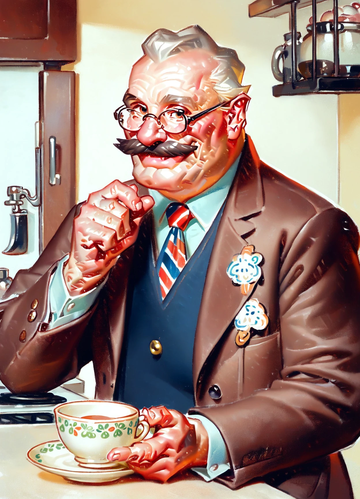 score_9, score_8_up, score_7_up, score_6_up, score_5_up, score_4_up, leyendecker, 1boy, old man, solo, male focus, sitting, holding teacup, close up, looking at viewer, smile, kitchen, indoors, nose, mustache, round glasses, brown suit