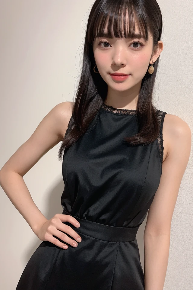 1girl,solo,black hair,hand on hip,earrings,dress,black dress,looking at viewer,sleeveless,black eyes,bangs,sleeveless dress,lips,upper body,
best quality,masterpiece,illustration,Amazing,finely detail,masterpiece,official art,incredibly absurdres,huge filesize,ultra-detailed,highres,extremely detailed,beautiful detailed girl,realistic,(cowboy_shot:1.4),,<lora:Nirei Nozomi_20240804115807:0.8>