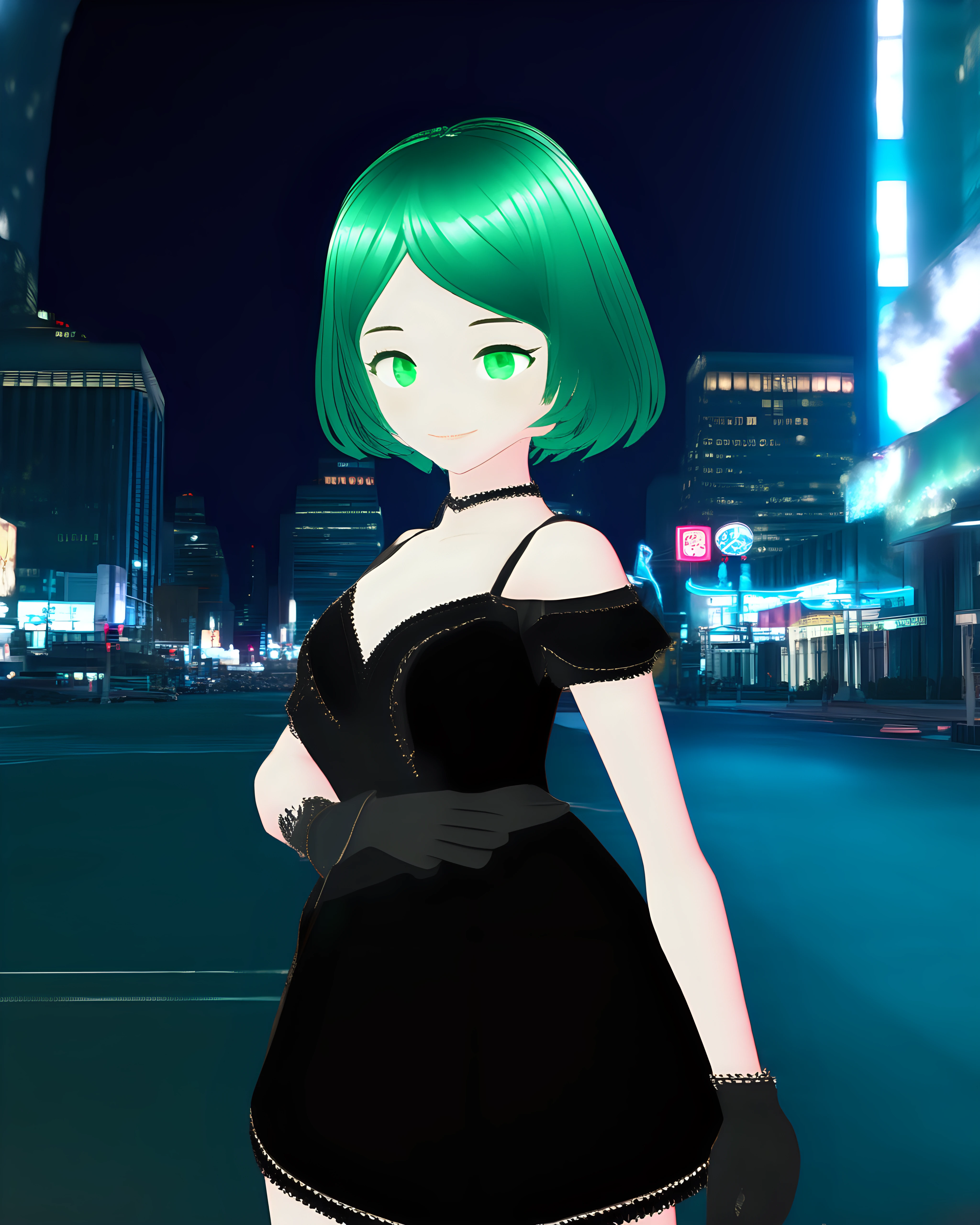 1girl, cowboy shot, standing, short hair, green hair, green eyes, black dress, black gloves, collarbone, closed mouth, smile, outdoors, city, street, neon lights, night, night sky