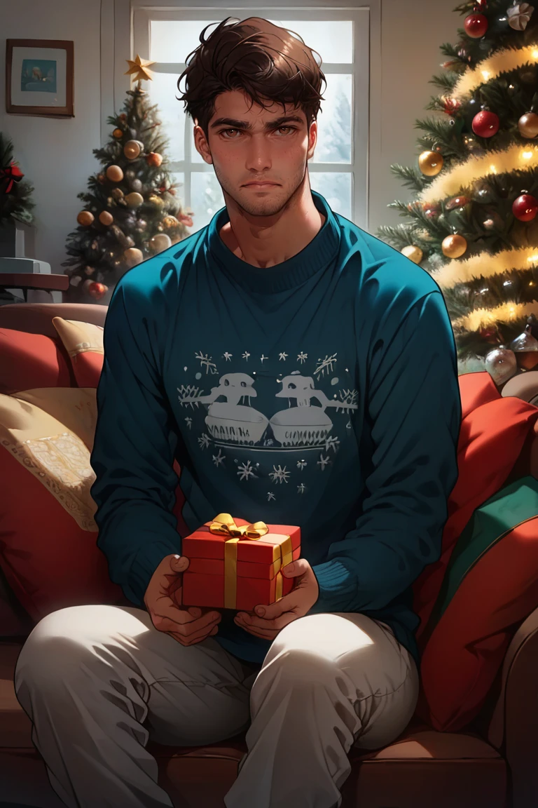 score_9, score_8, score_7, male, 1boy, ugly sweater, solo male, Christmas tree,living room, sitting, couch, decoration, holding a gift, brown eyes, shirt, 20yo, slim male, ((medium shot, portrait, closeup))<lora:EMS-445663-EMS:0.930000>